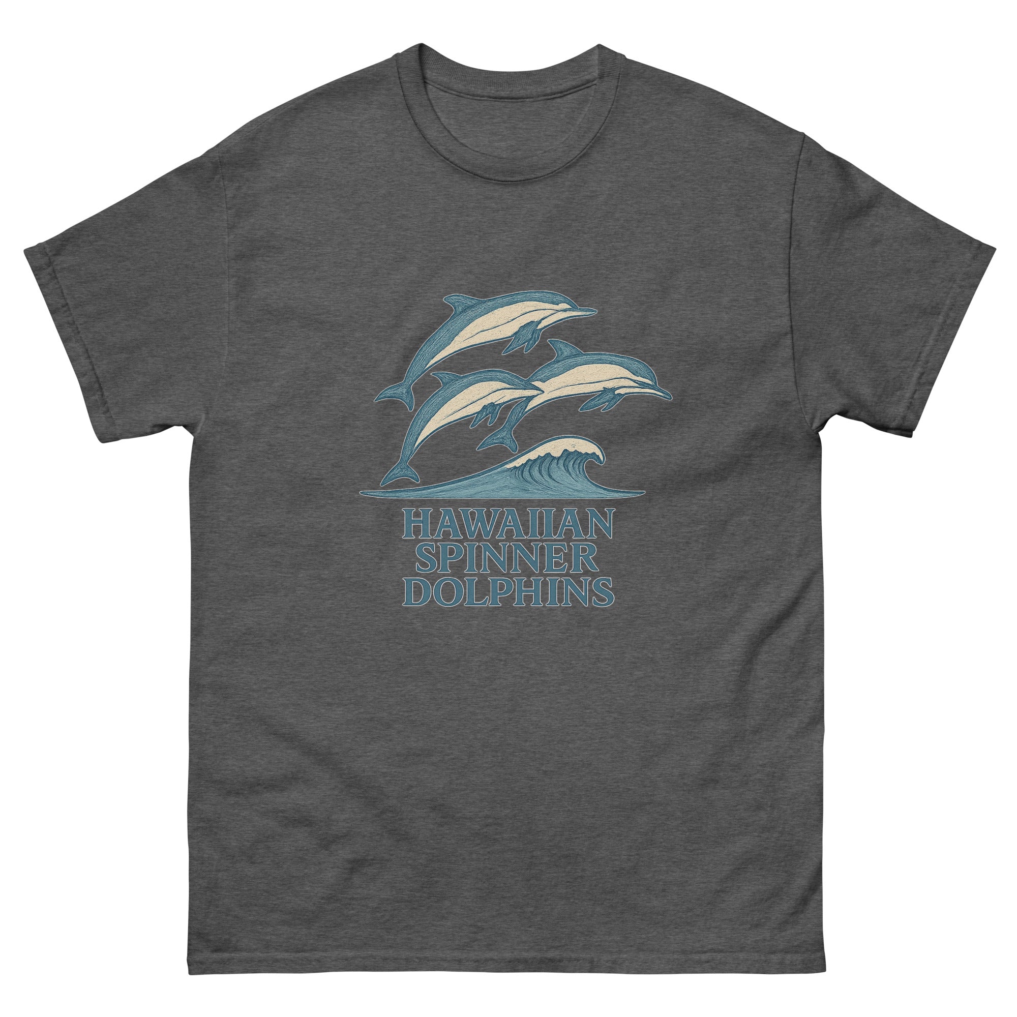 Spinner Dolphins Hawaiian t-shirt design on a Dark Heather unisex tee