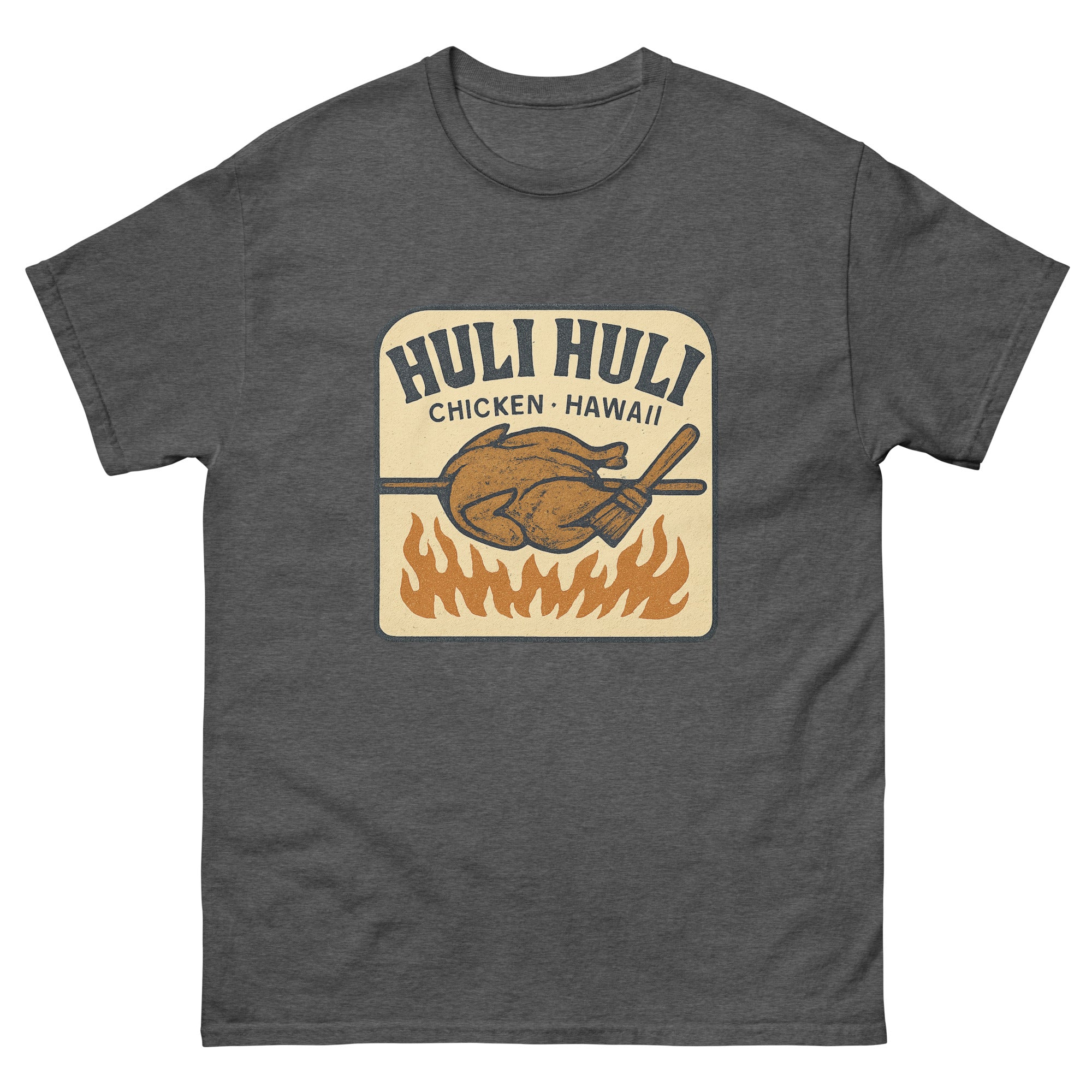 Huli Huli Chicken Hawaiian t-shirt design on a Dark Heather unisex tee