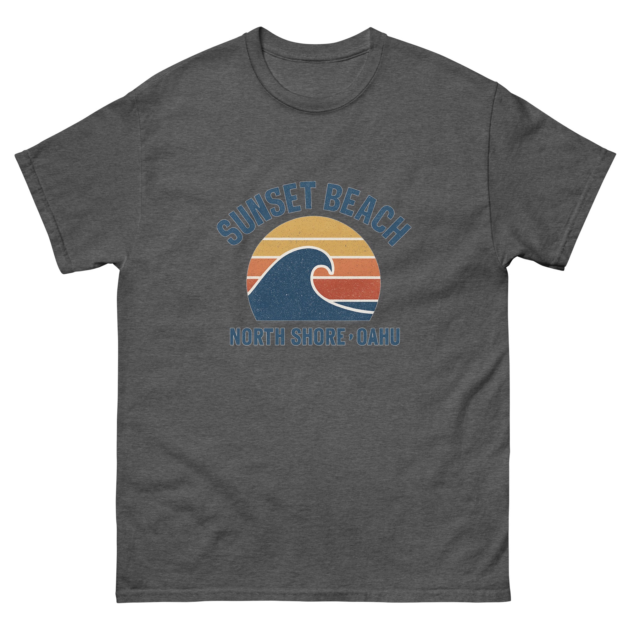 Sunset Beach Hawaiian t-shirt design on a Dark Heather unisex tee