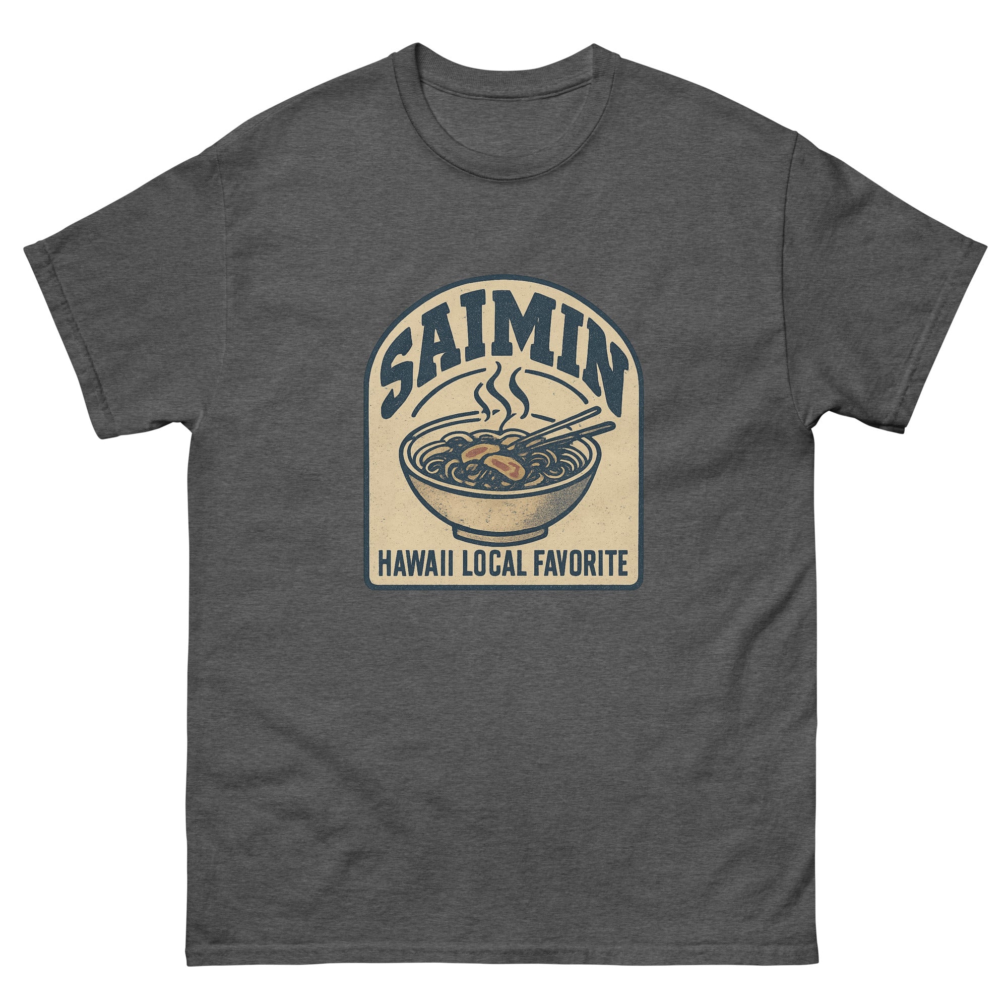 Saimin Hawaiian t-shirt design on a Dark Heather unisex tee