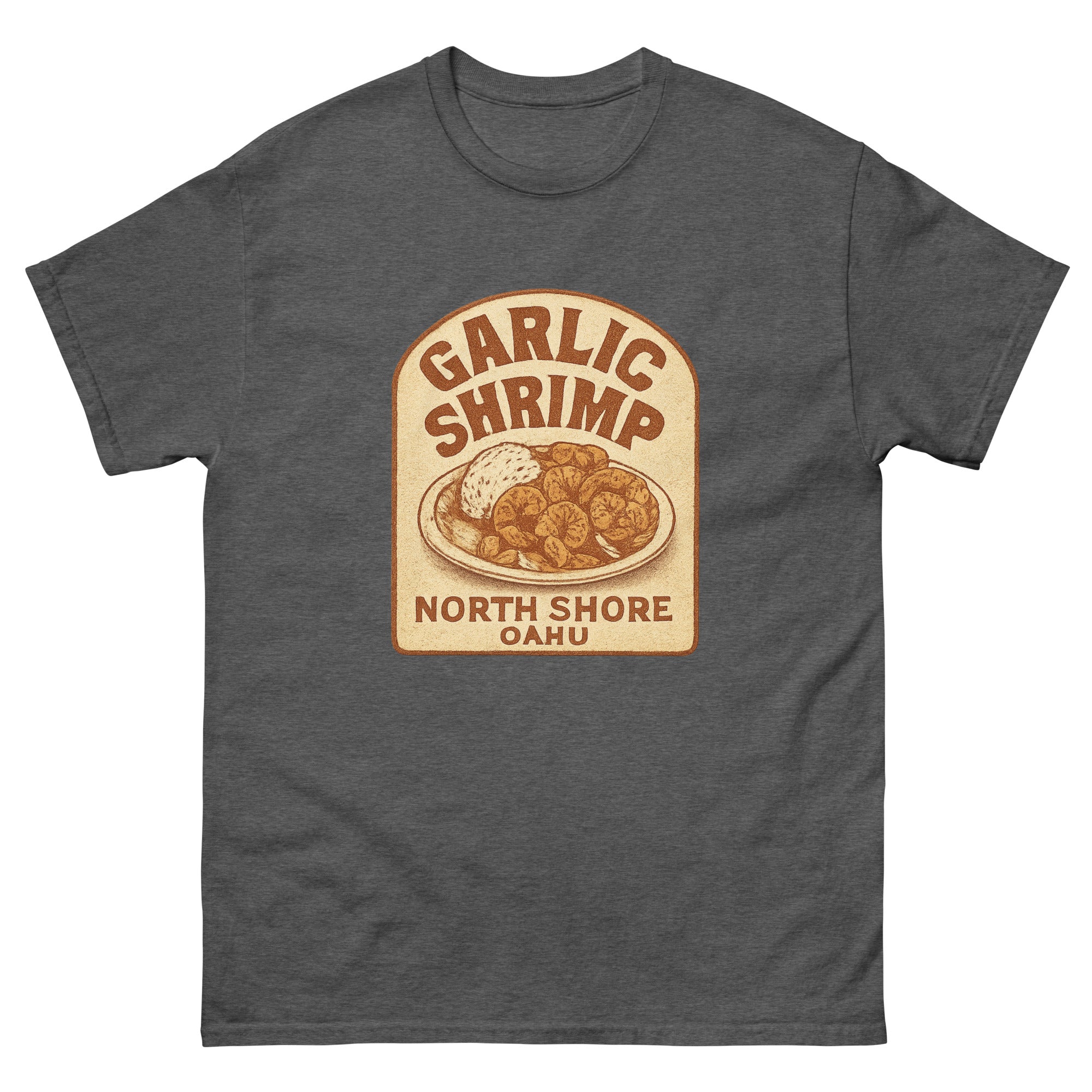 Garlic Shrimp Truck Hawaiian t-shirt design on a Dark Heather unisex tee