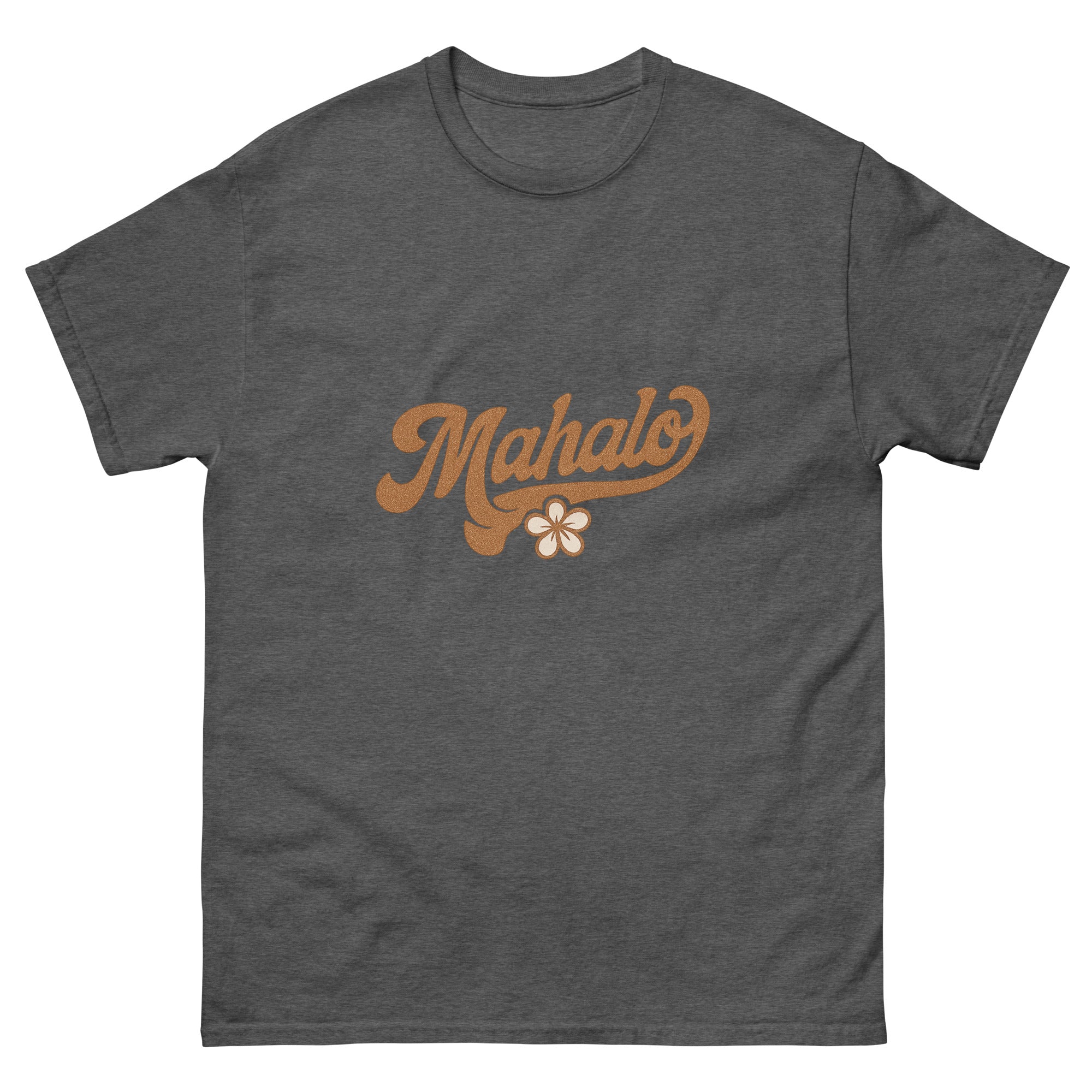 Mahalo Hawaiian t-shirt design on a Dark Heather unisex tee