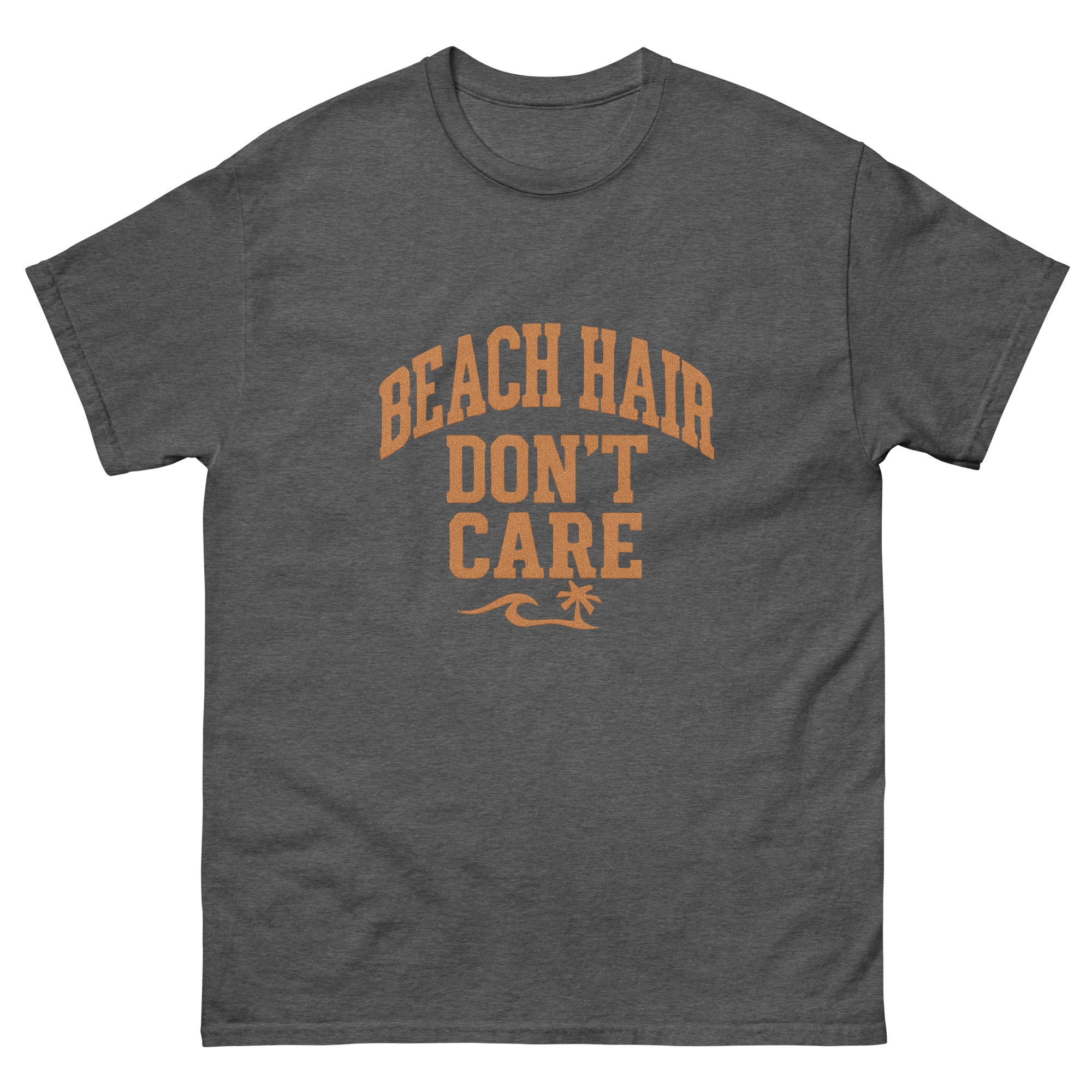 Beach Hair Dont Care Hawaiian t-shirt design on a Dark Heather unisex tee