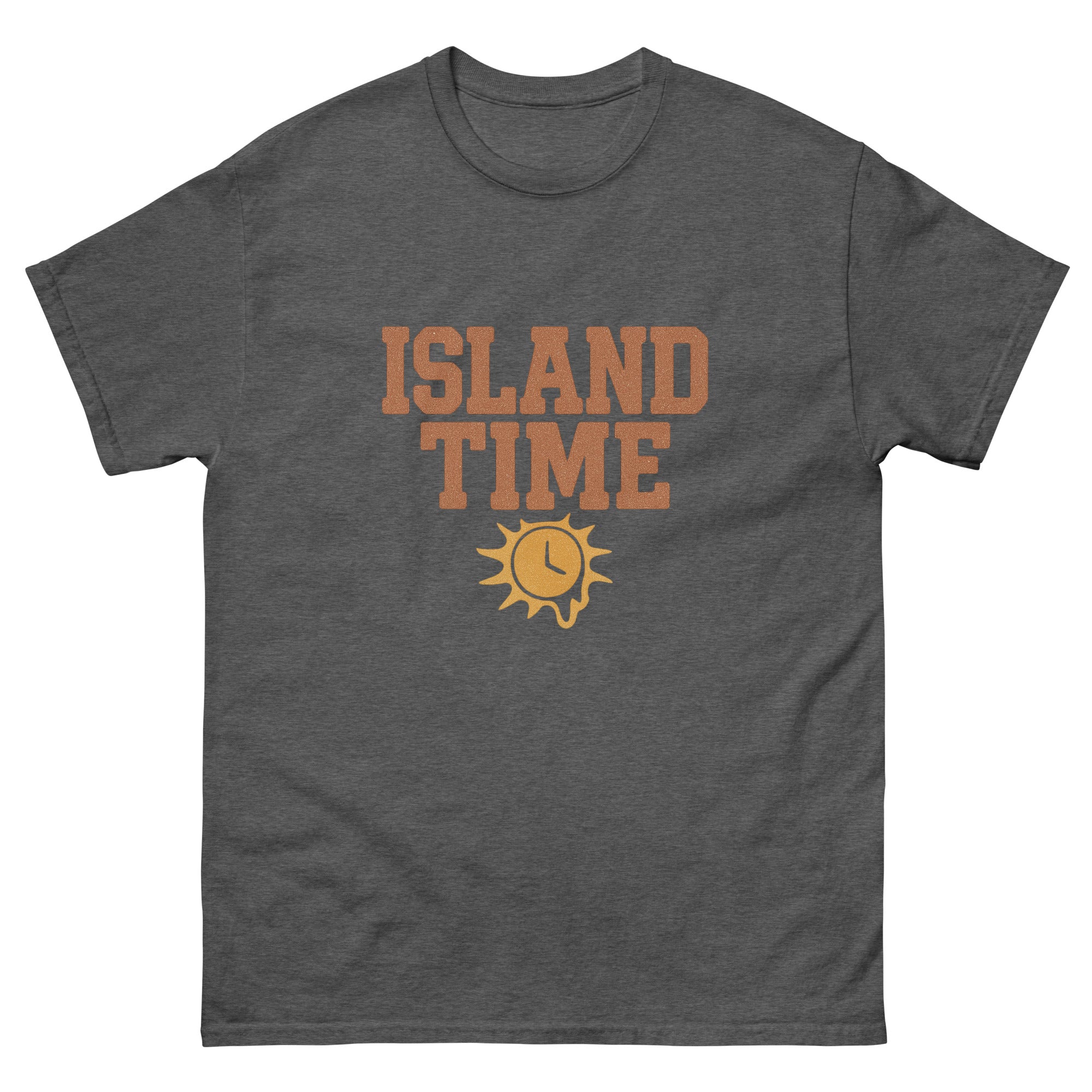 Island Time Hawaiian t-shirt design on a Dark Heather unisex tee