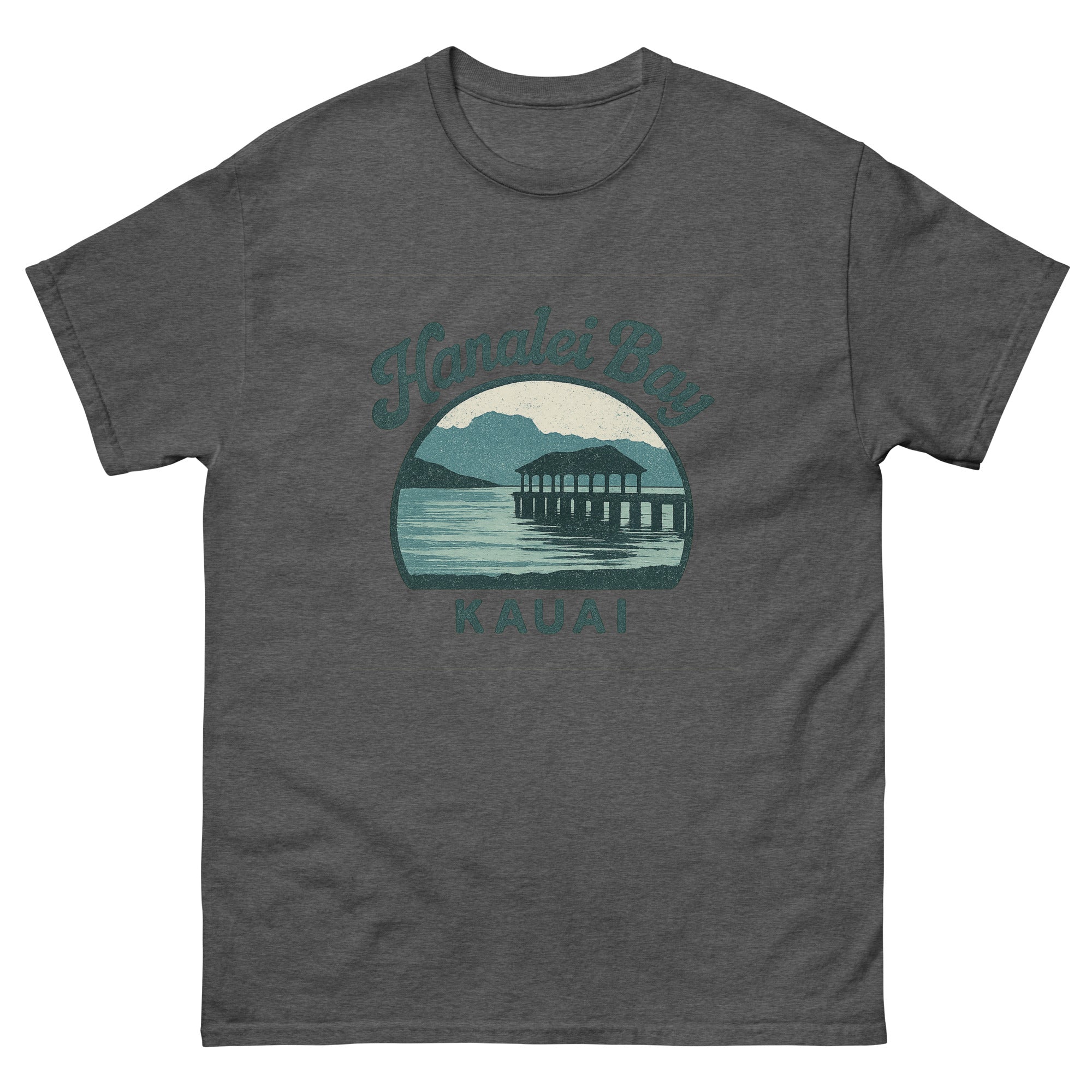 Hanalei Bay Hawaiian t-shirt design on a Dark Heather unisex tee