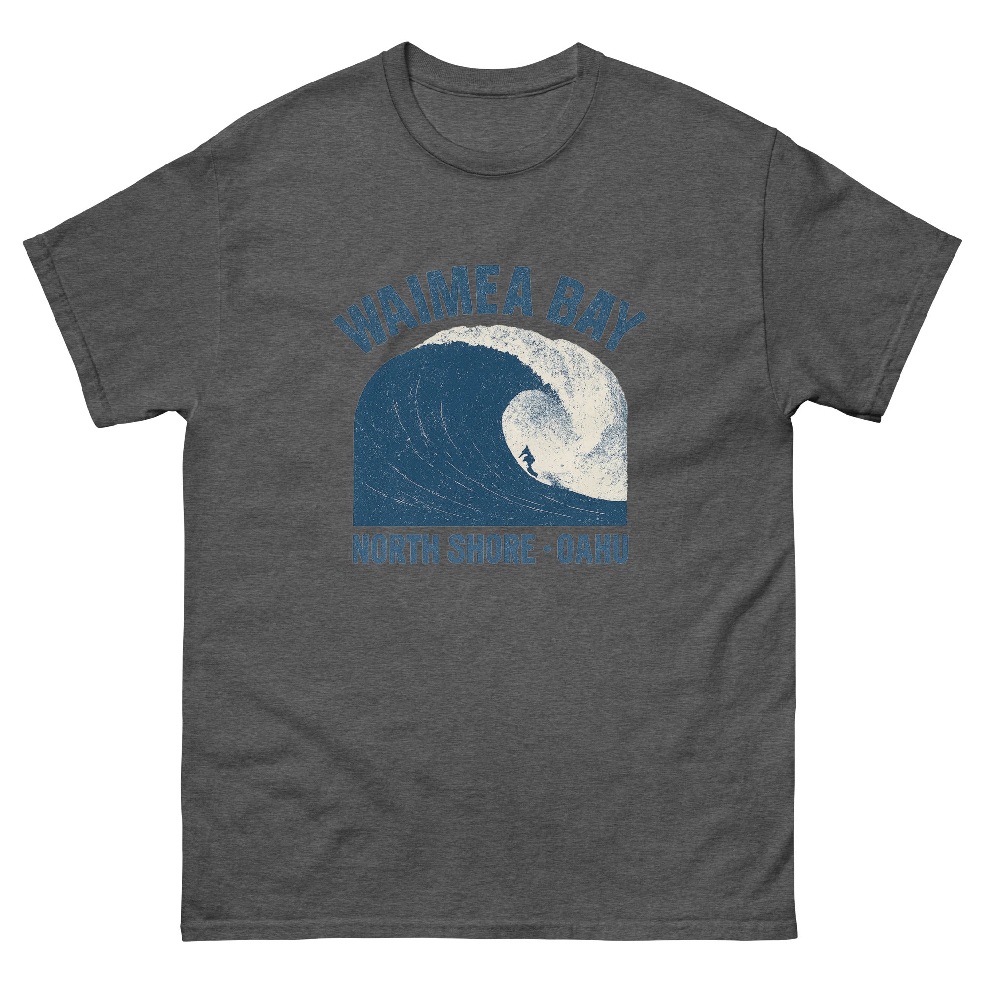 Waimea Bay Hawaiian t-shirt design on a Dark Heather unisex tee
