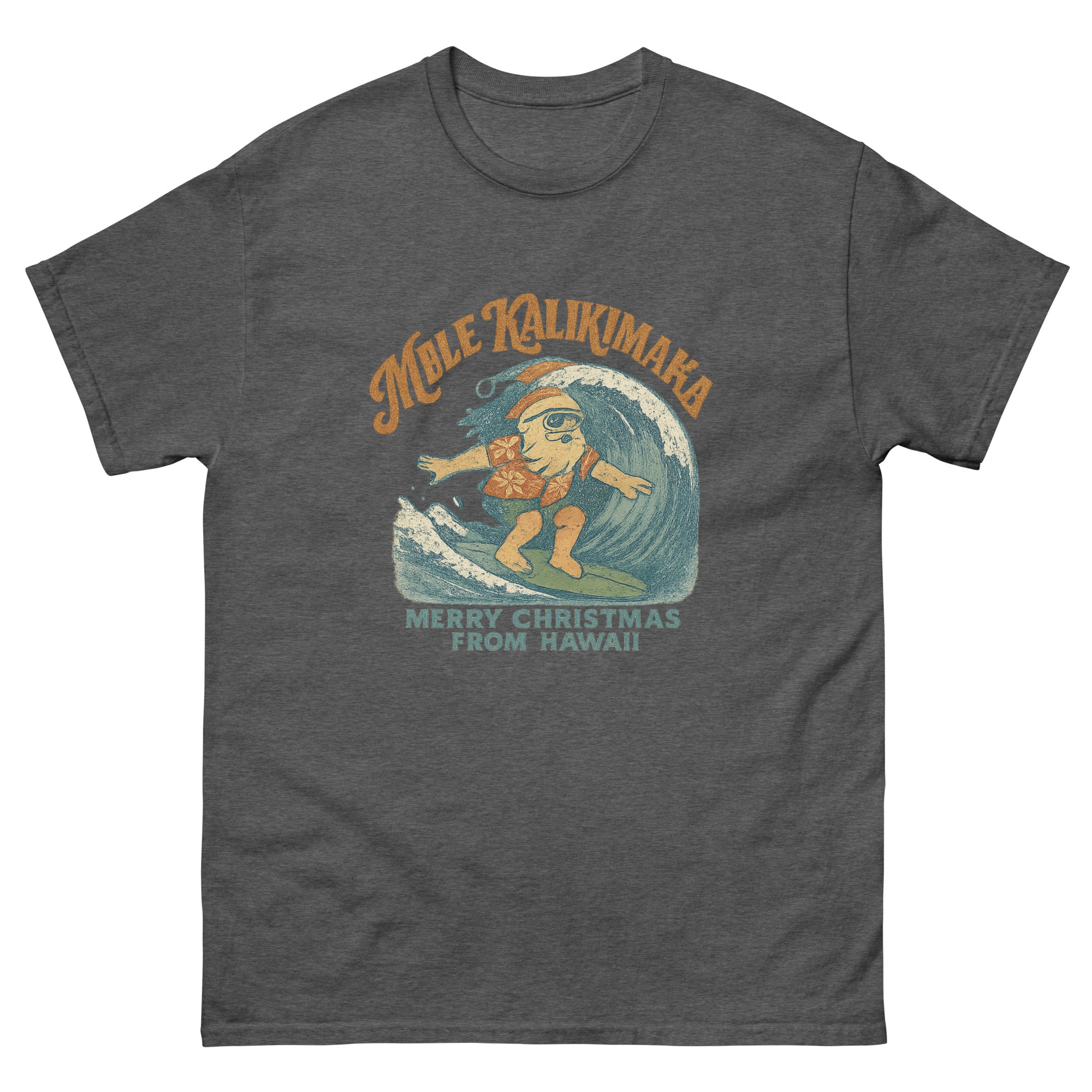 Mele Kalikimaka Hawaiian t-shirt design on a Dark Heather unisex tee