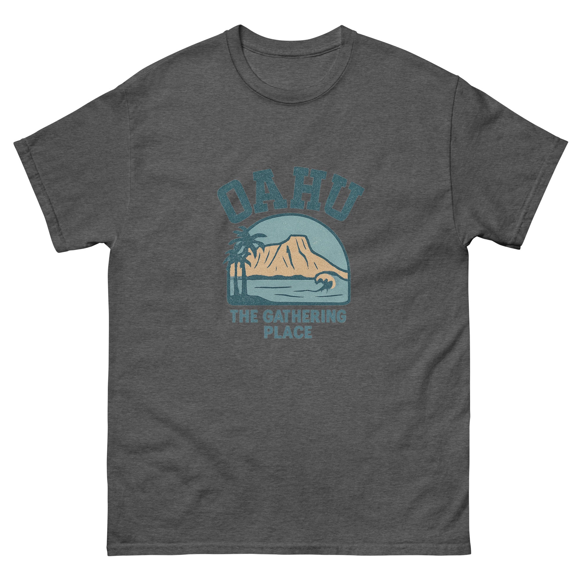 Oahu Hawaiian t-shirt design on a Dark Heather unisex tee