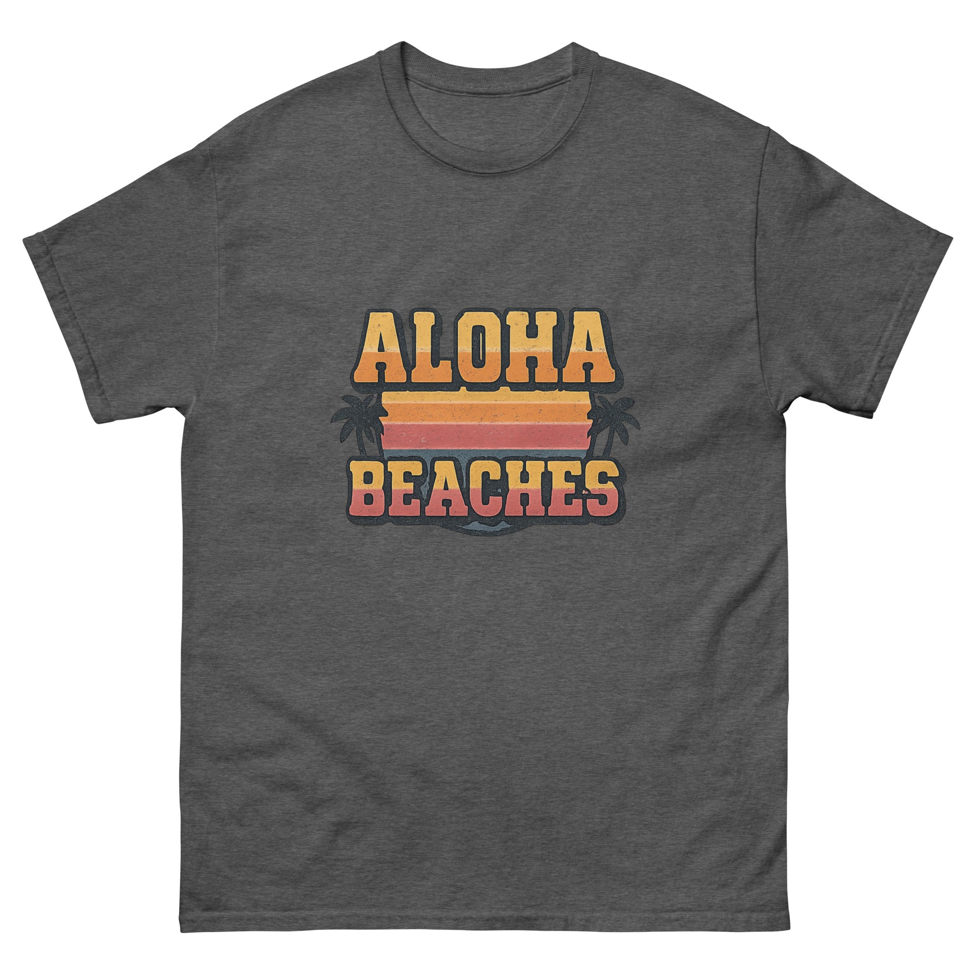 Aloha Beaches Hawaiian t-shirt design on a Dark Heather unisex tee