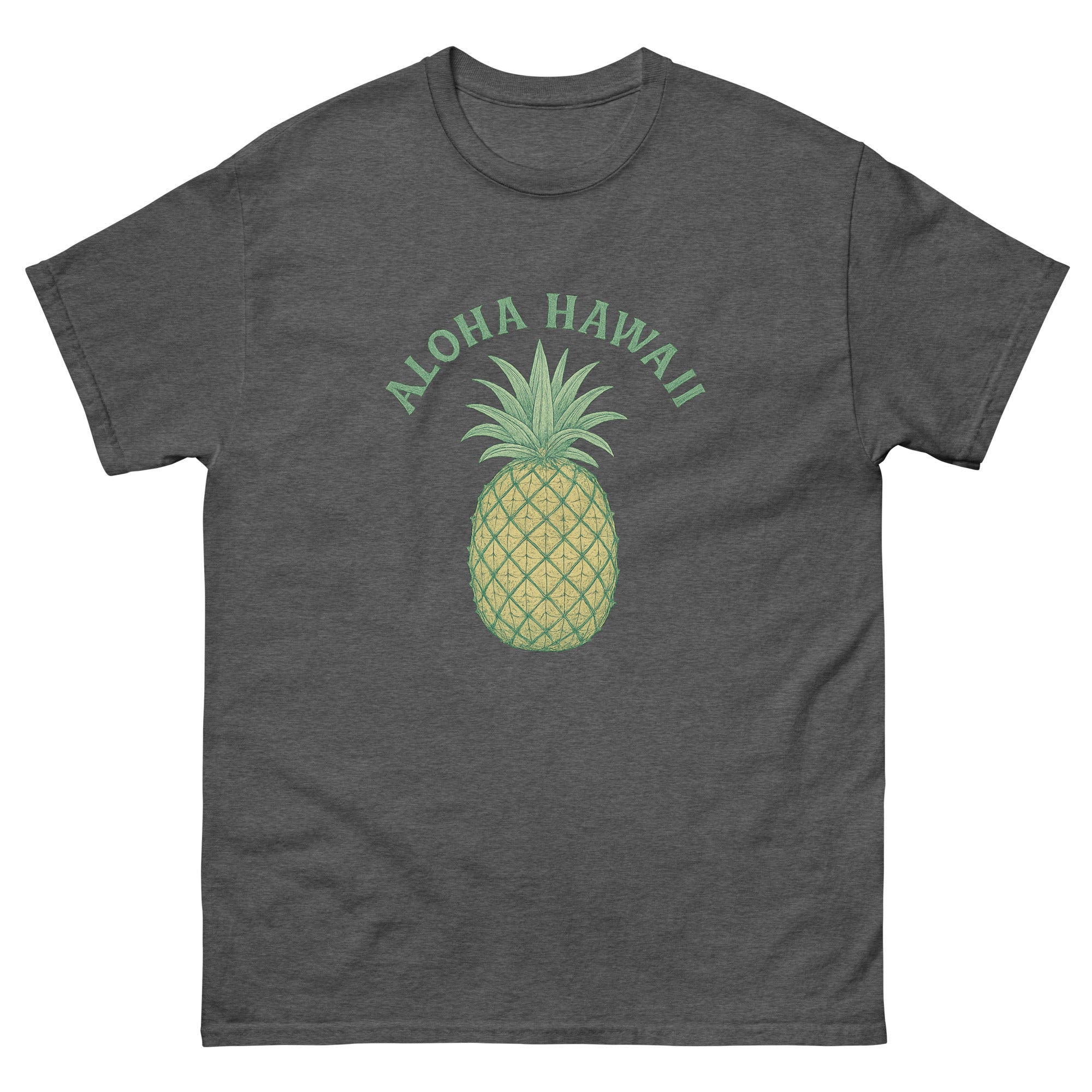 Pineapple Hawaiian t-shirt design on a Dark Heather unisex tee