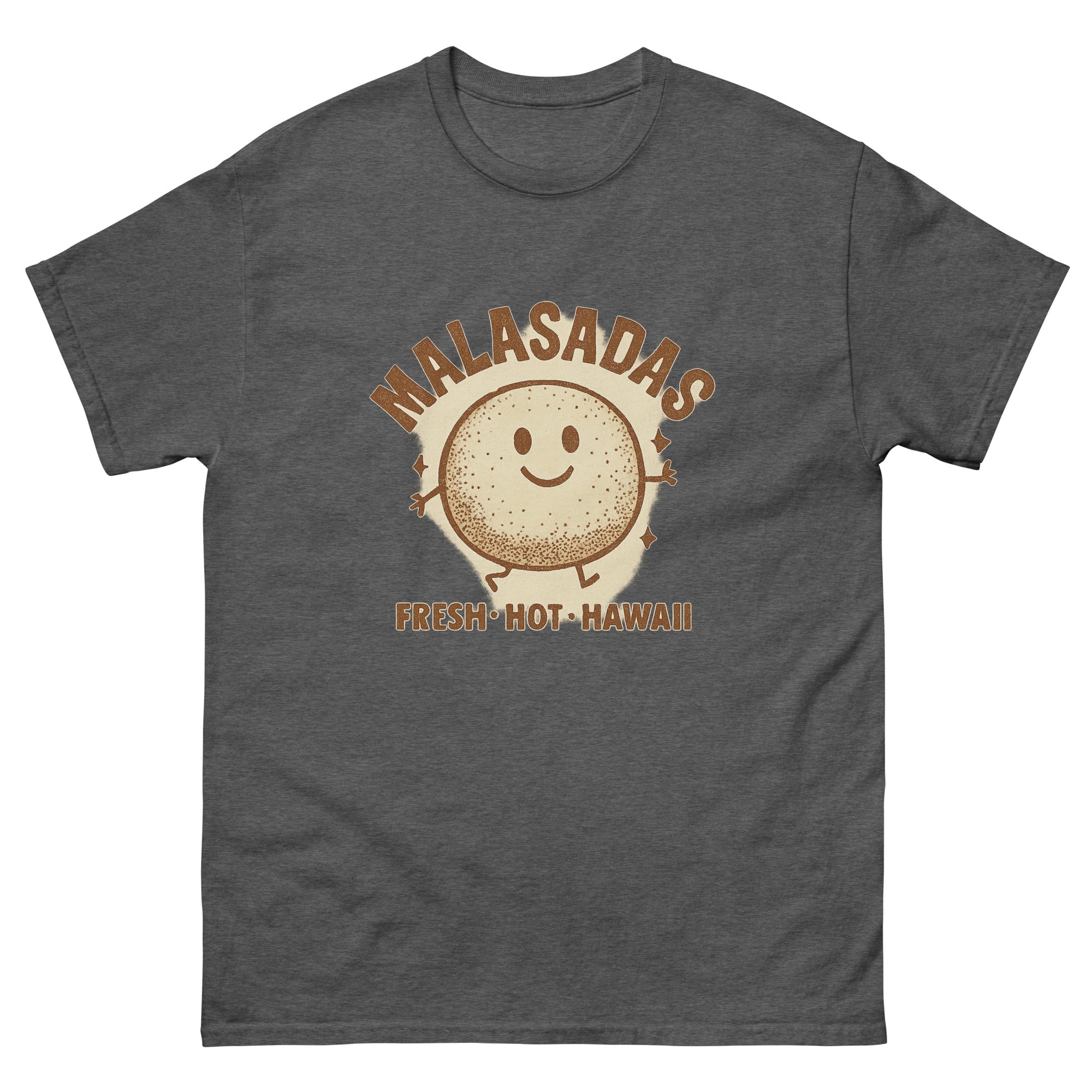 Malasada Hawaiian t-shirt design on a Dark Heather unisex tee