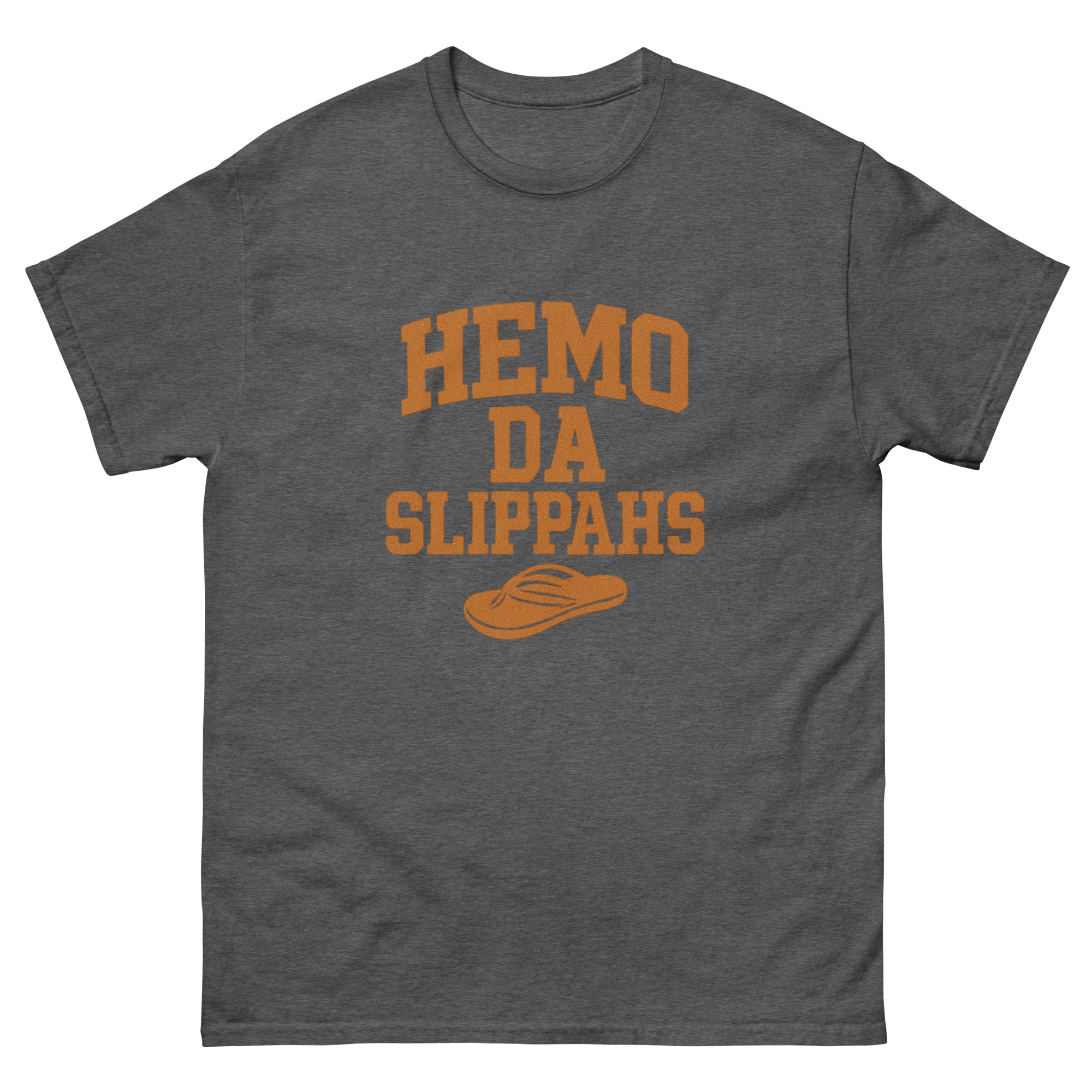 Hemo Da Slippahs Hawaiian t-shirt design on a Dark Heather unisex tee