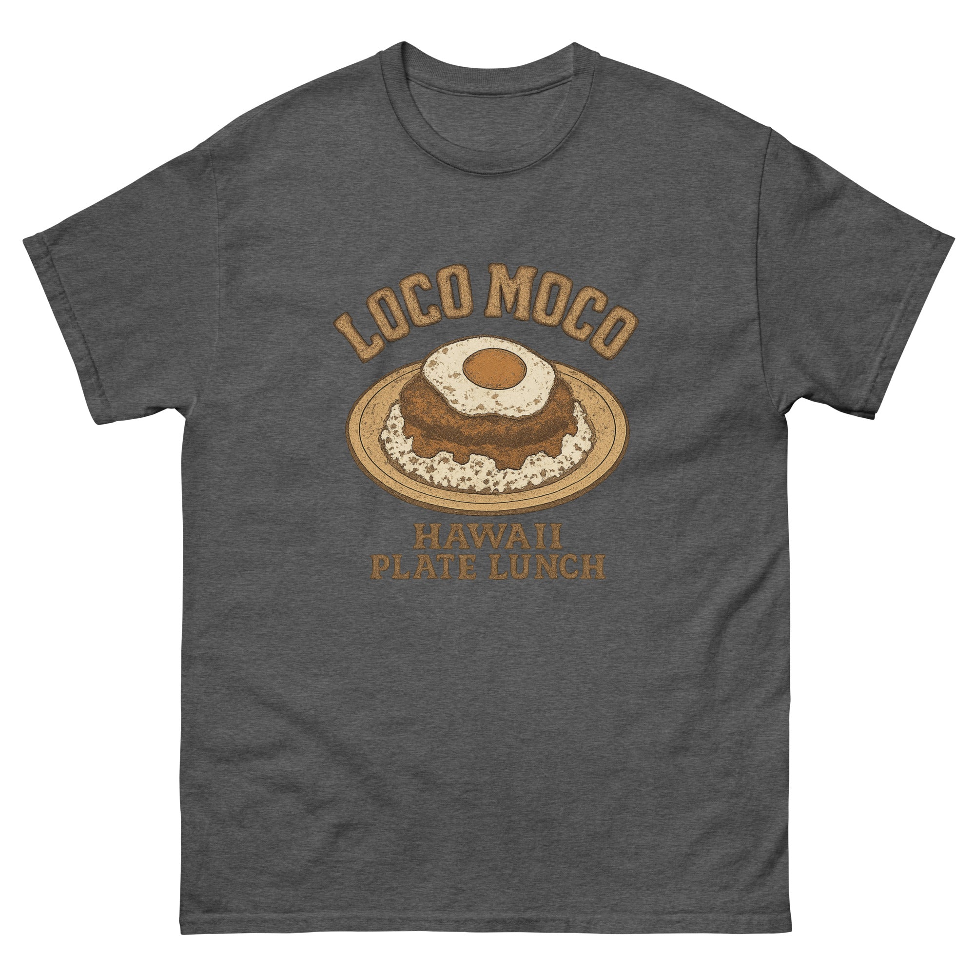 Loco Moco Hawaiian t-shirt design on a Dark Heather unisex tee