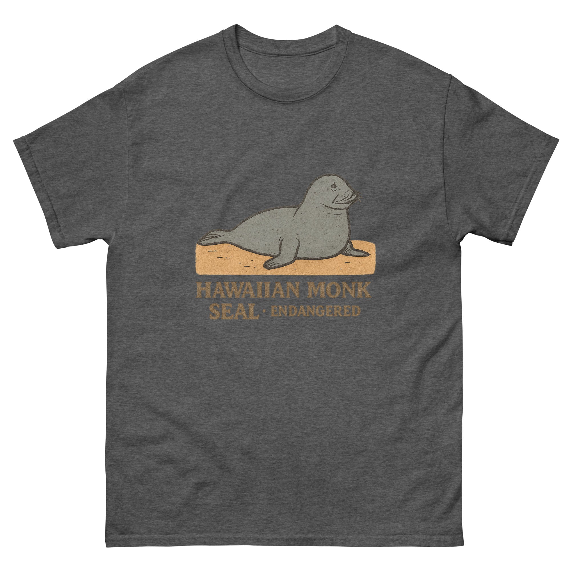 Monk Seal Hawaiian t-shirt design on a Dark Heather unisex tee