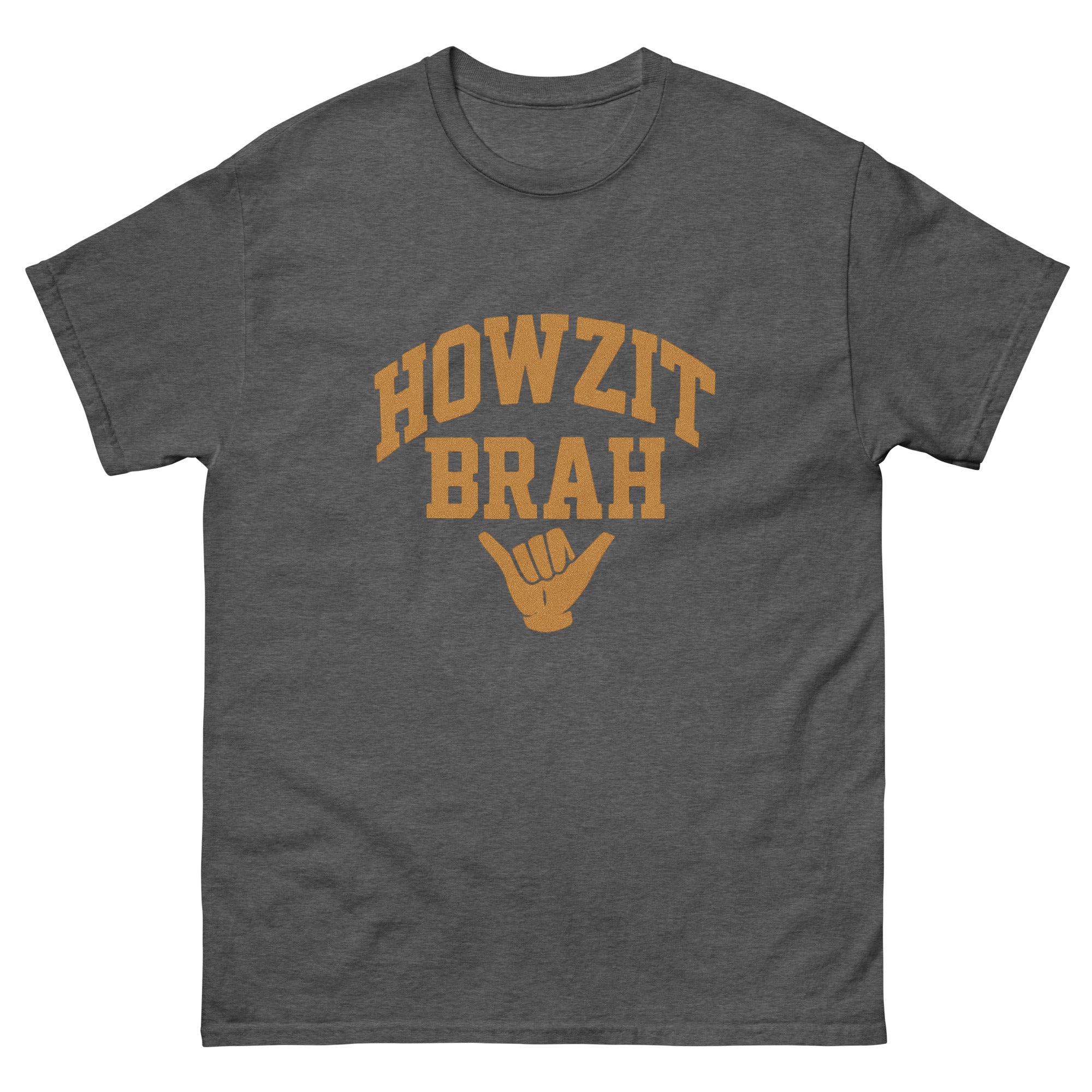 Howzit Brah Hawaiian t-shirt design on a Dark Heather unisex tee