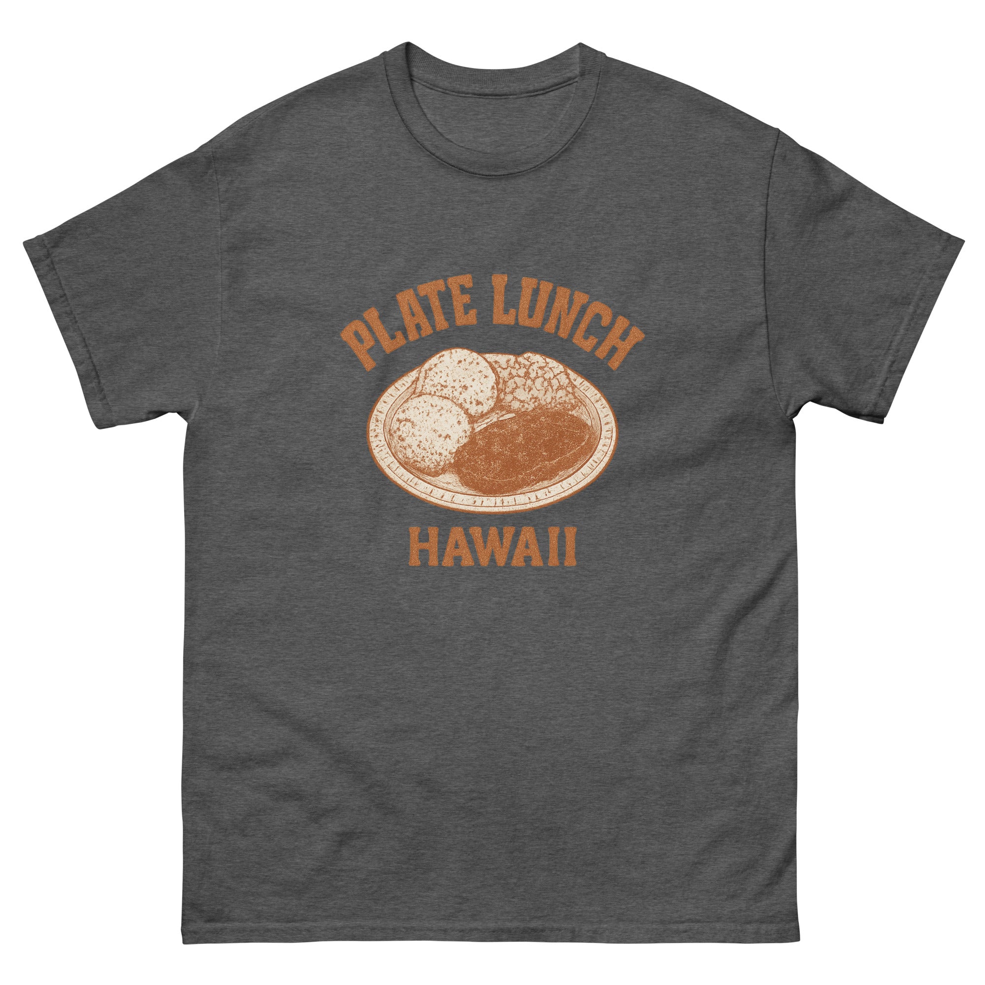 Plate Lunch Hawaiian t-shirt design on a Dark Heather unisex tee