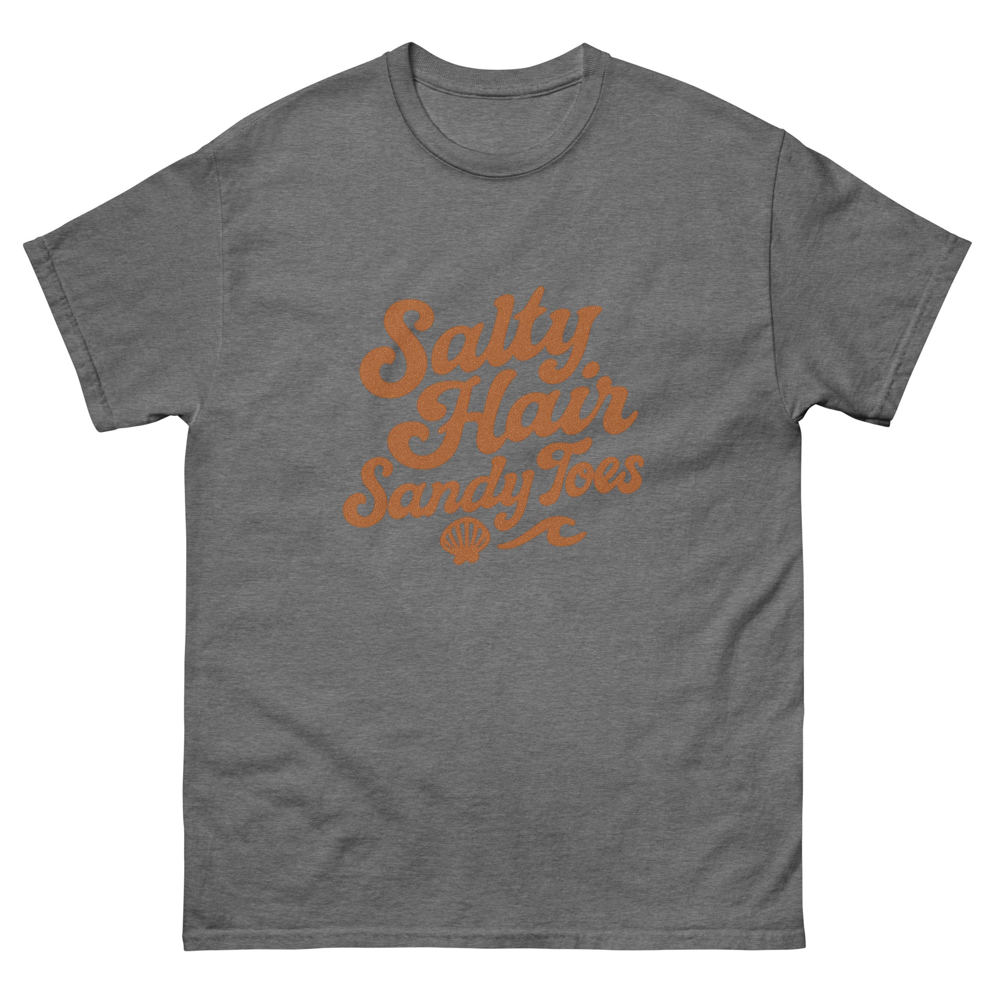 Salty Hair Sandy Toes Hawaiian t-shirt design on a Graphite Heather unisex tee