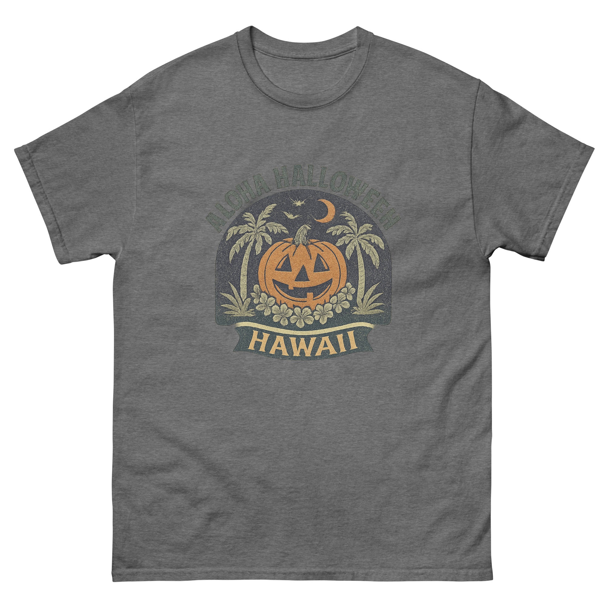 Aloha Halloween Hawaiian t-shirt design on a Graphite Heather unisex tee