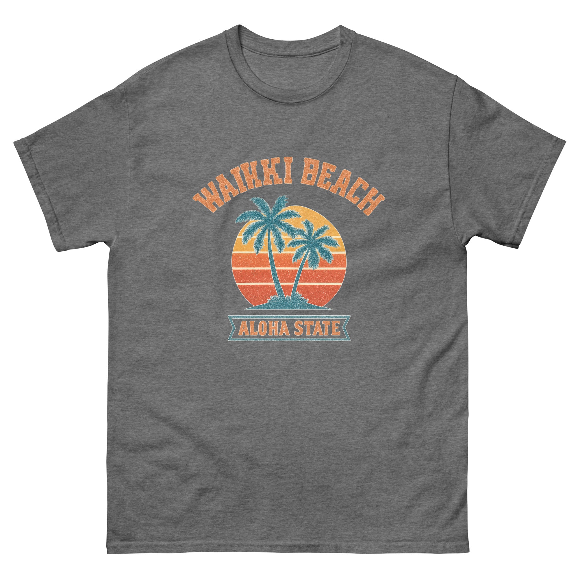 Waikiki Sunset Hawaiian t-shirt design on a Graphite Heather unisex tee