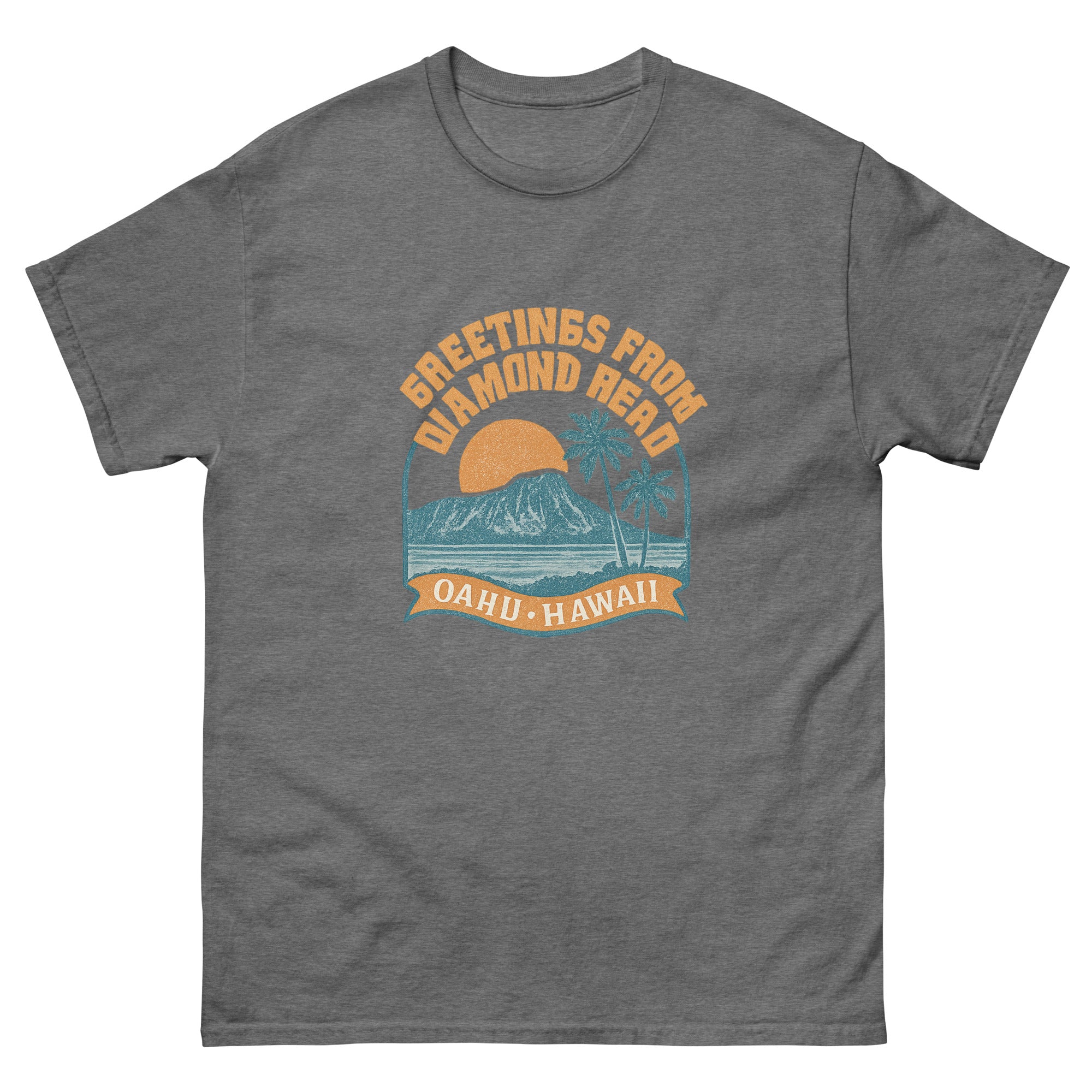 Diamond Head Hawaiian t-shirt design on a Graphite Heather unisex tee