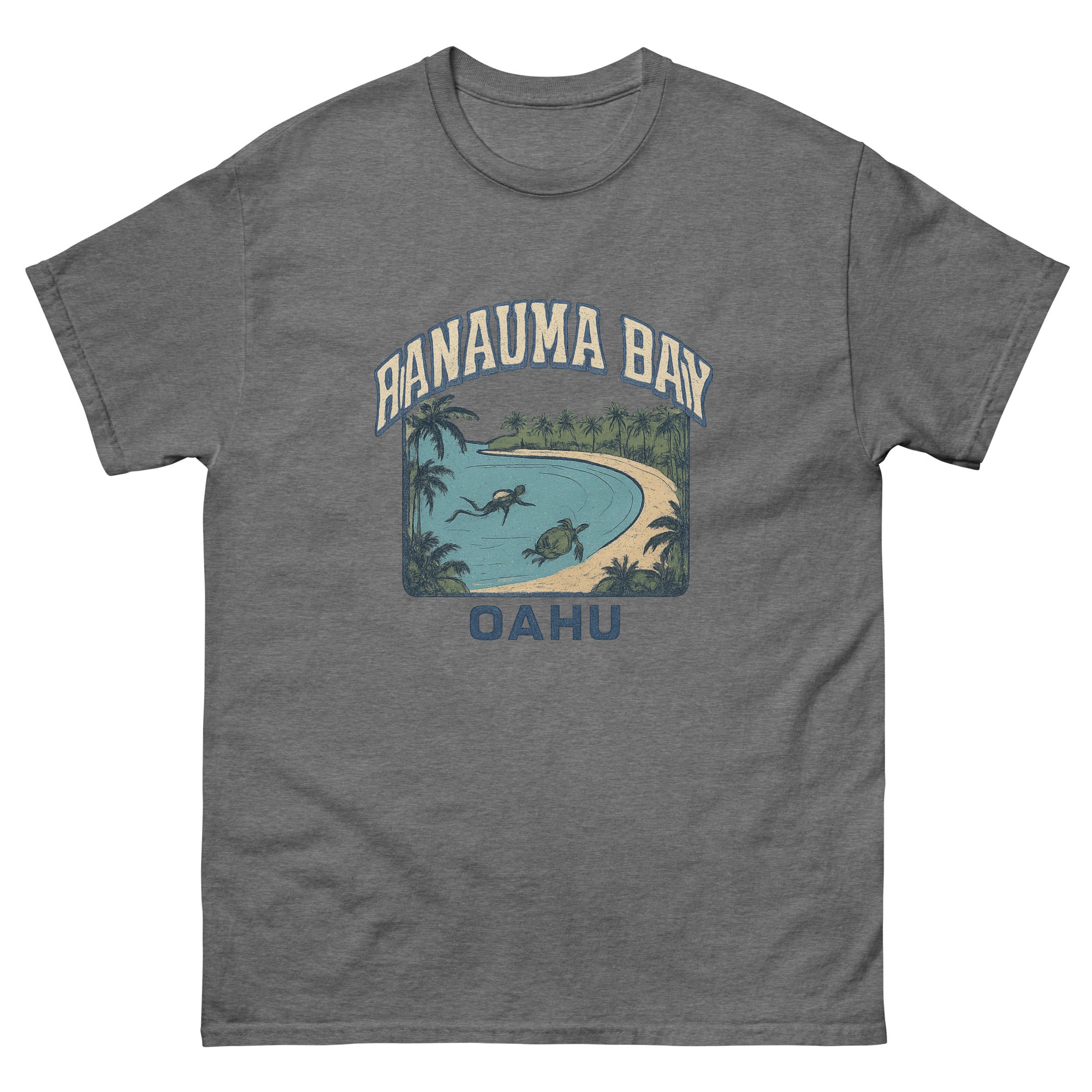 Hanauma Bay Hawaiian t-shirt design on a Graphite Heather unisex tee