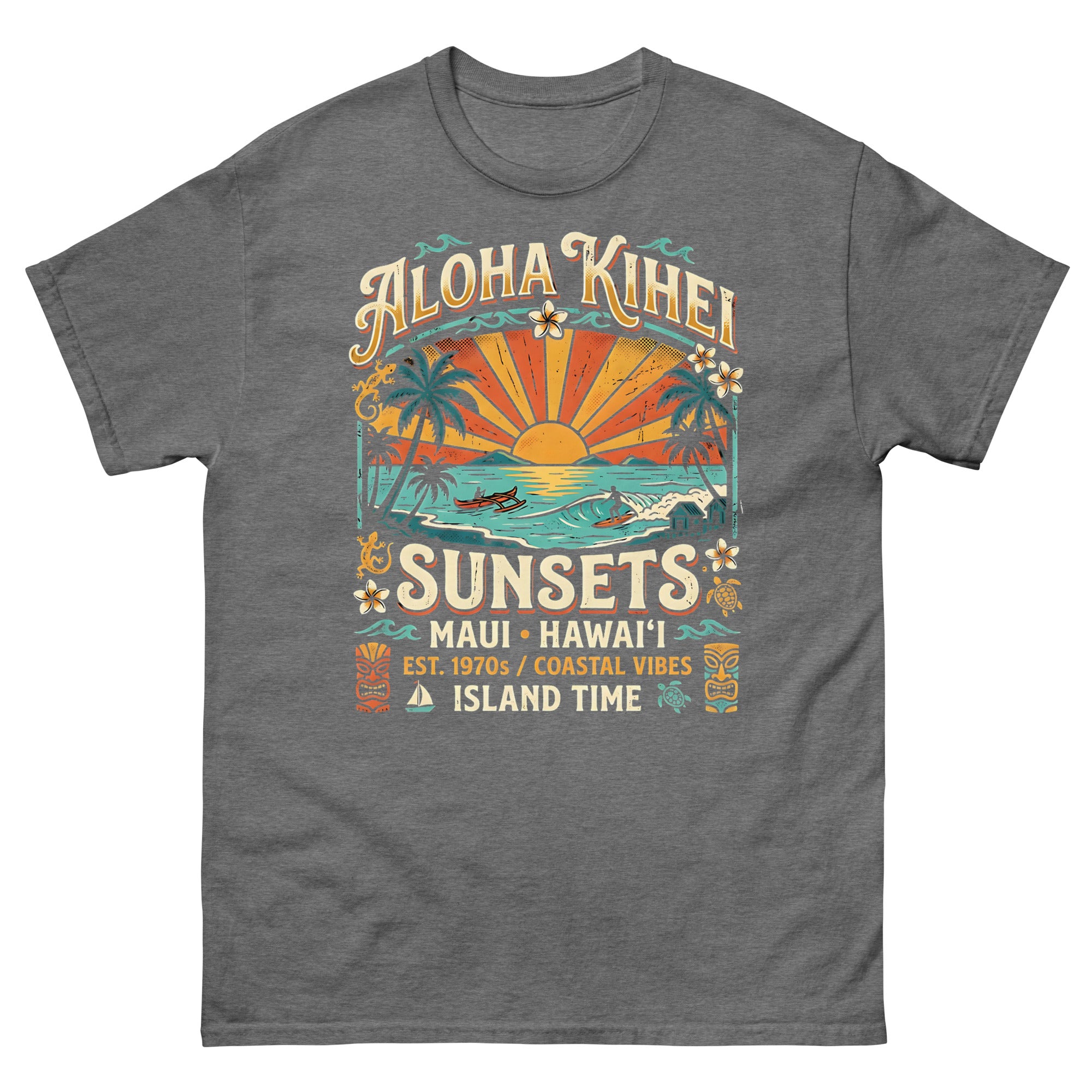Aloha Kihei Sunsets Hawaiian t-shirt design on a Graphite Heather unisex tee