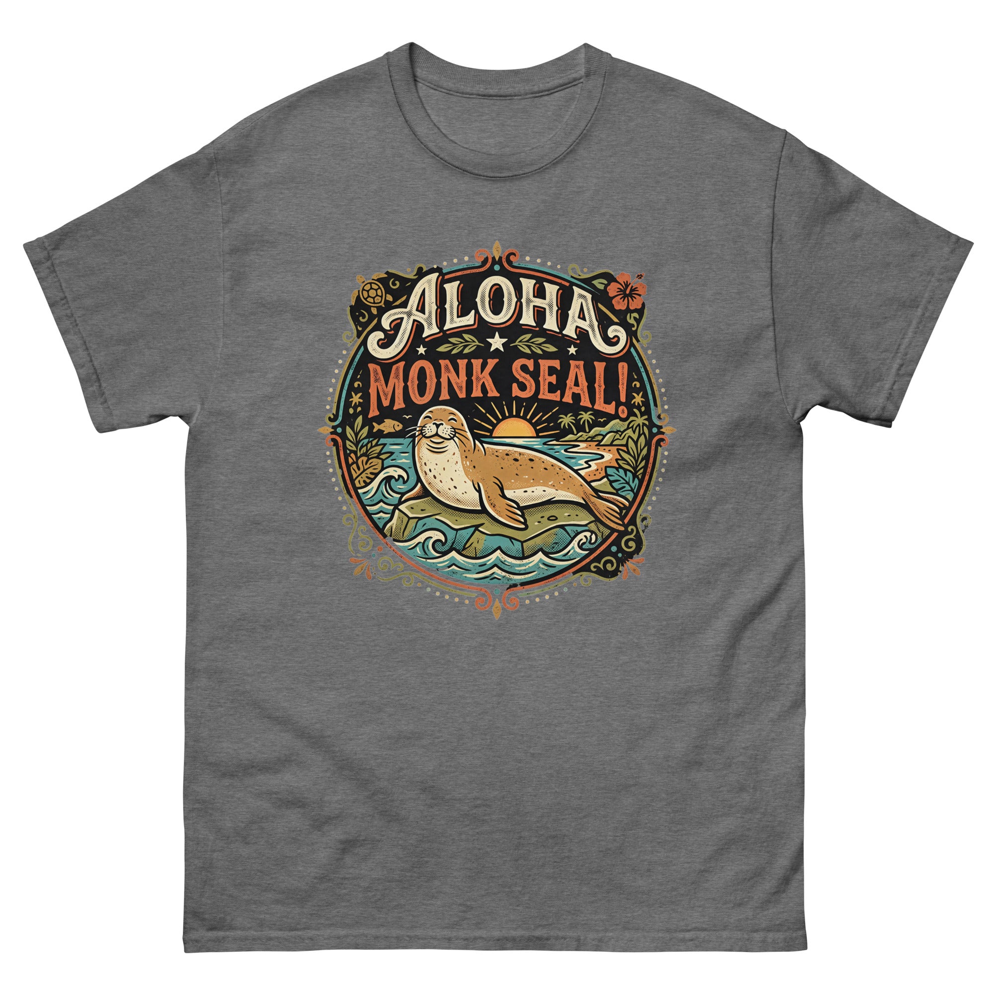 Aloha Monk Seal Hawaiian t-shirt design on a Graphite Heather unisex tee