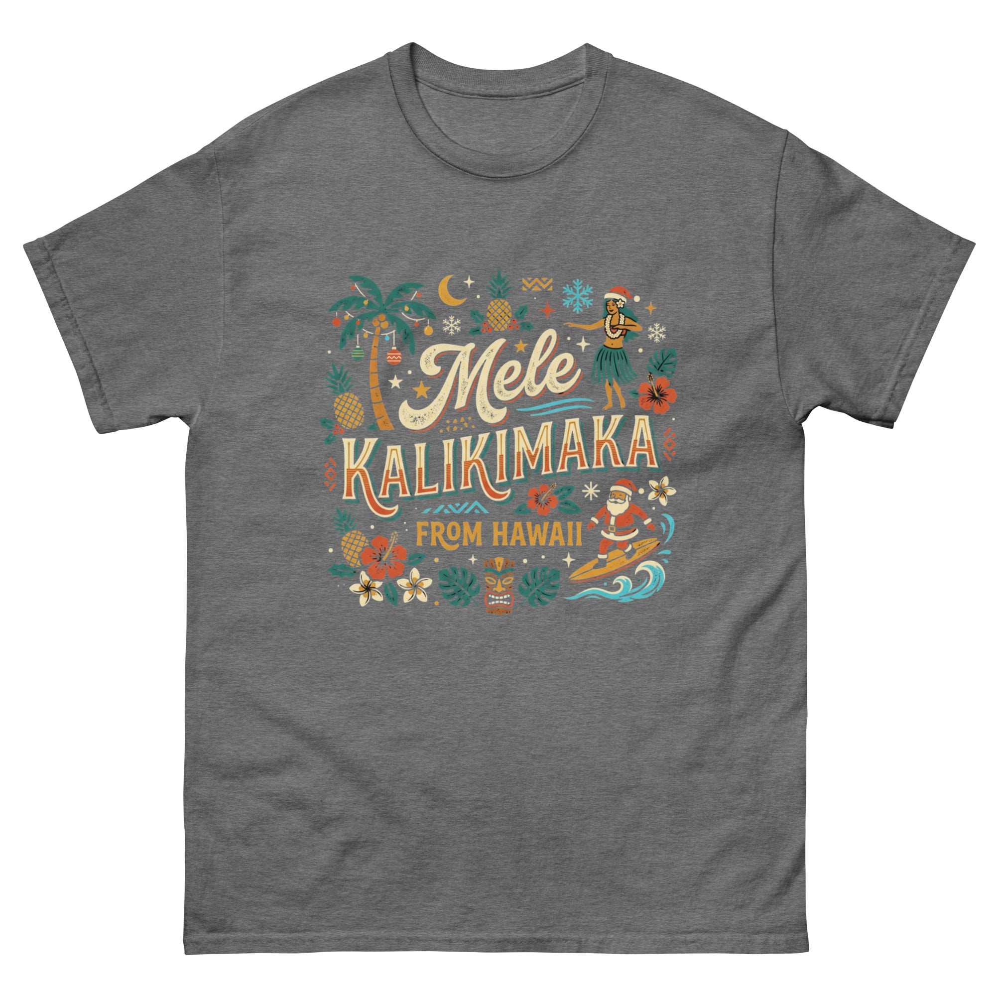 Mele Kalikimaka from Hawaii Hawaiian t-shirt design on a Graphite Heather unisex tee