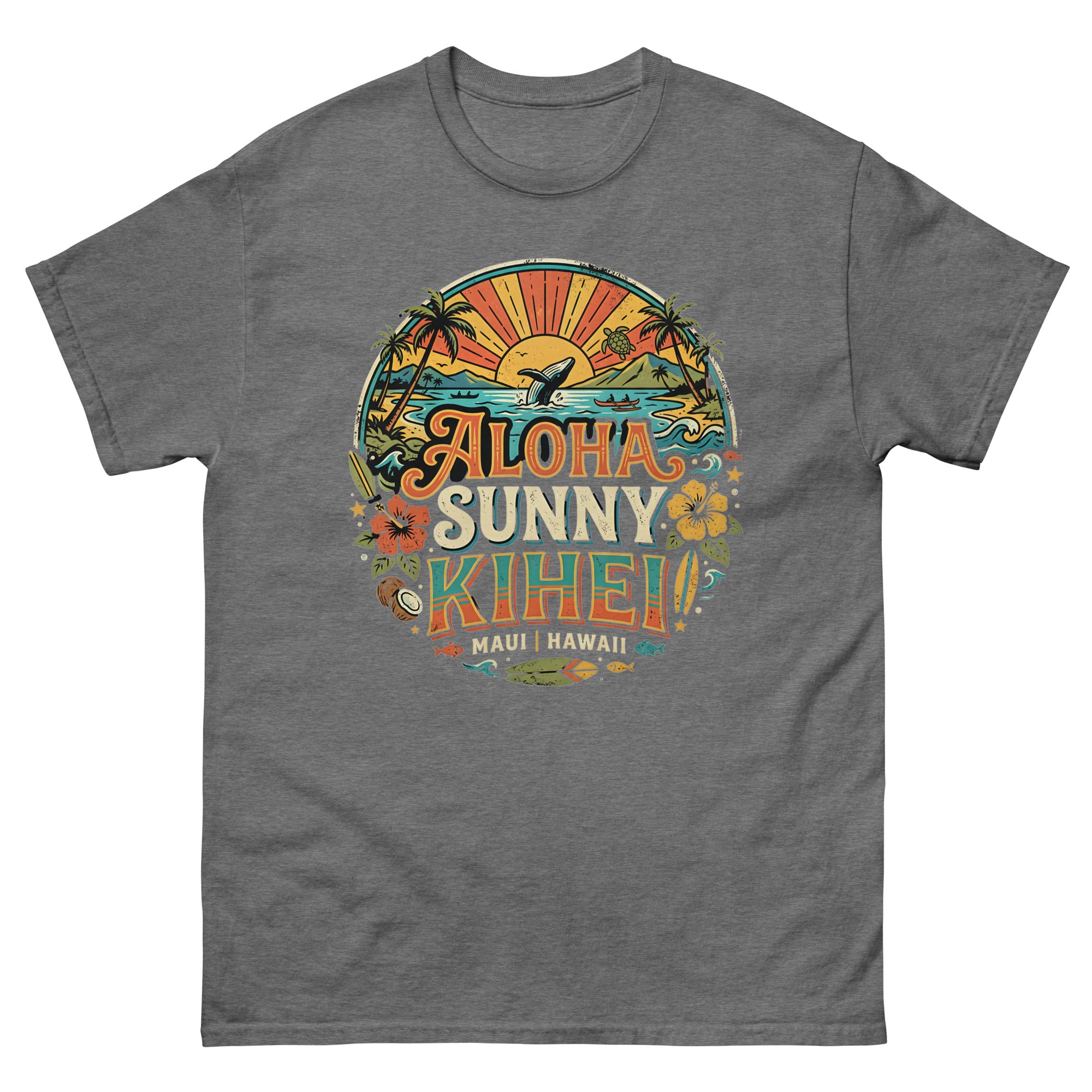 Aloha Sunny Kihei Maui Hawaiian t-shirt design on a Graphite Heather unisex tee