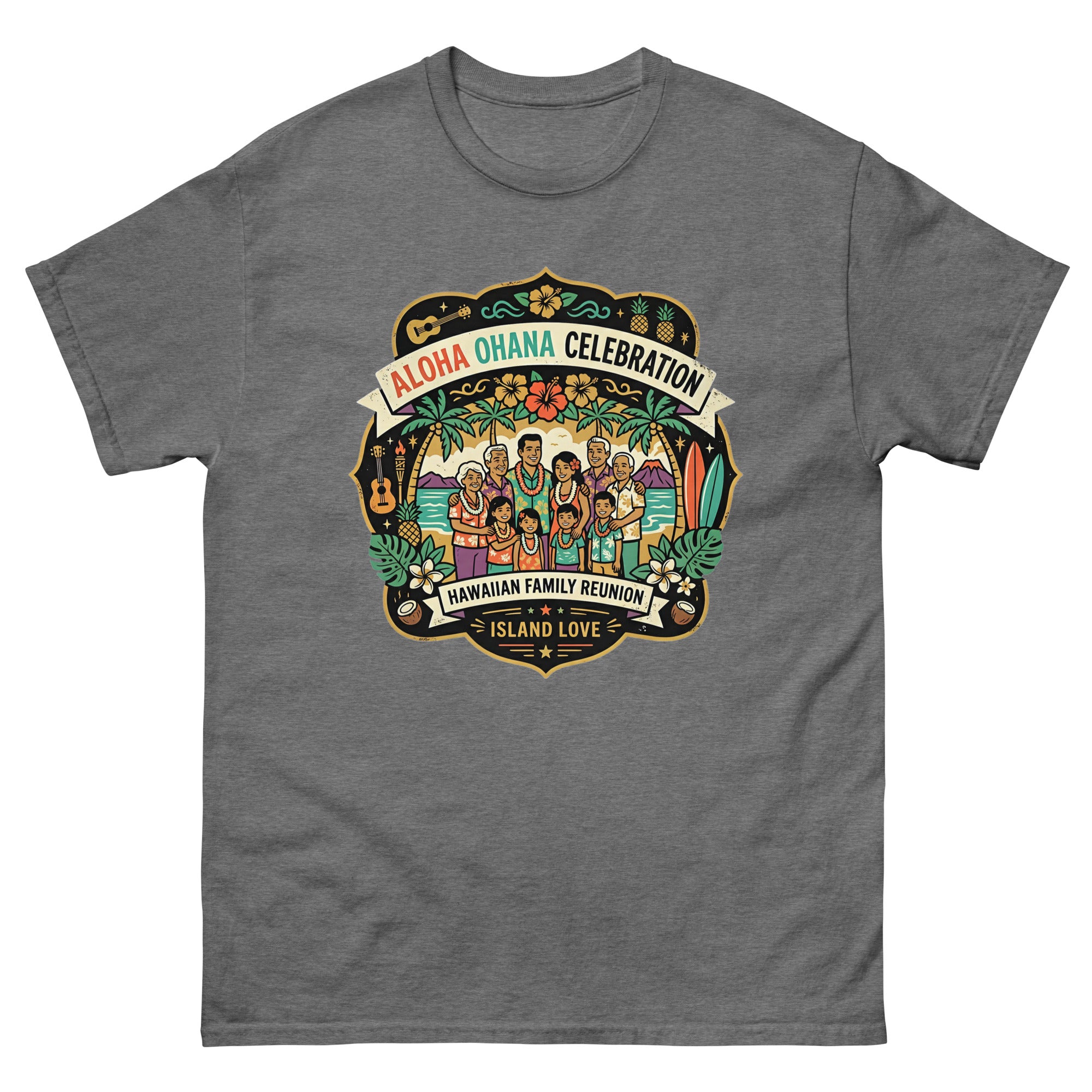 Ohana Family Reunion Gathering Hawaiian t-shirt design on a Graphite Heather unisex tee