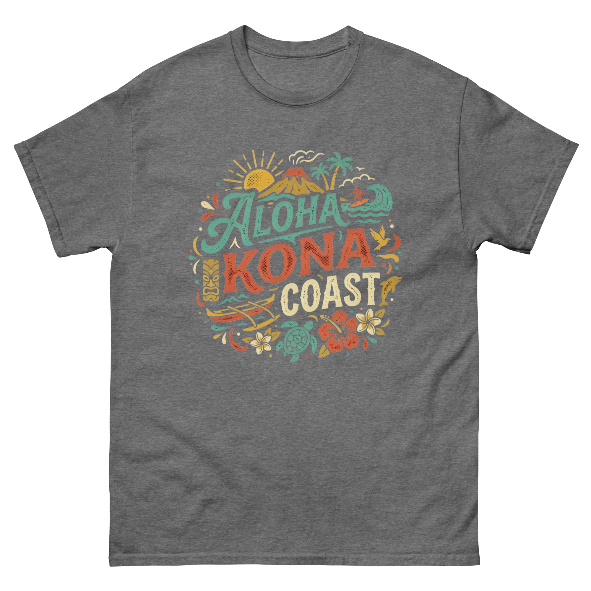 Aloha Kona Coast Hawaiian t-shirt design on a Graphite Heather unisex tee