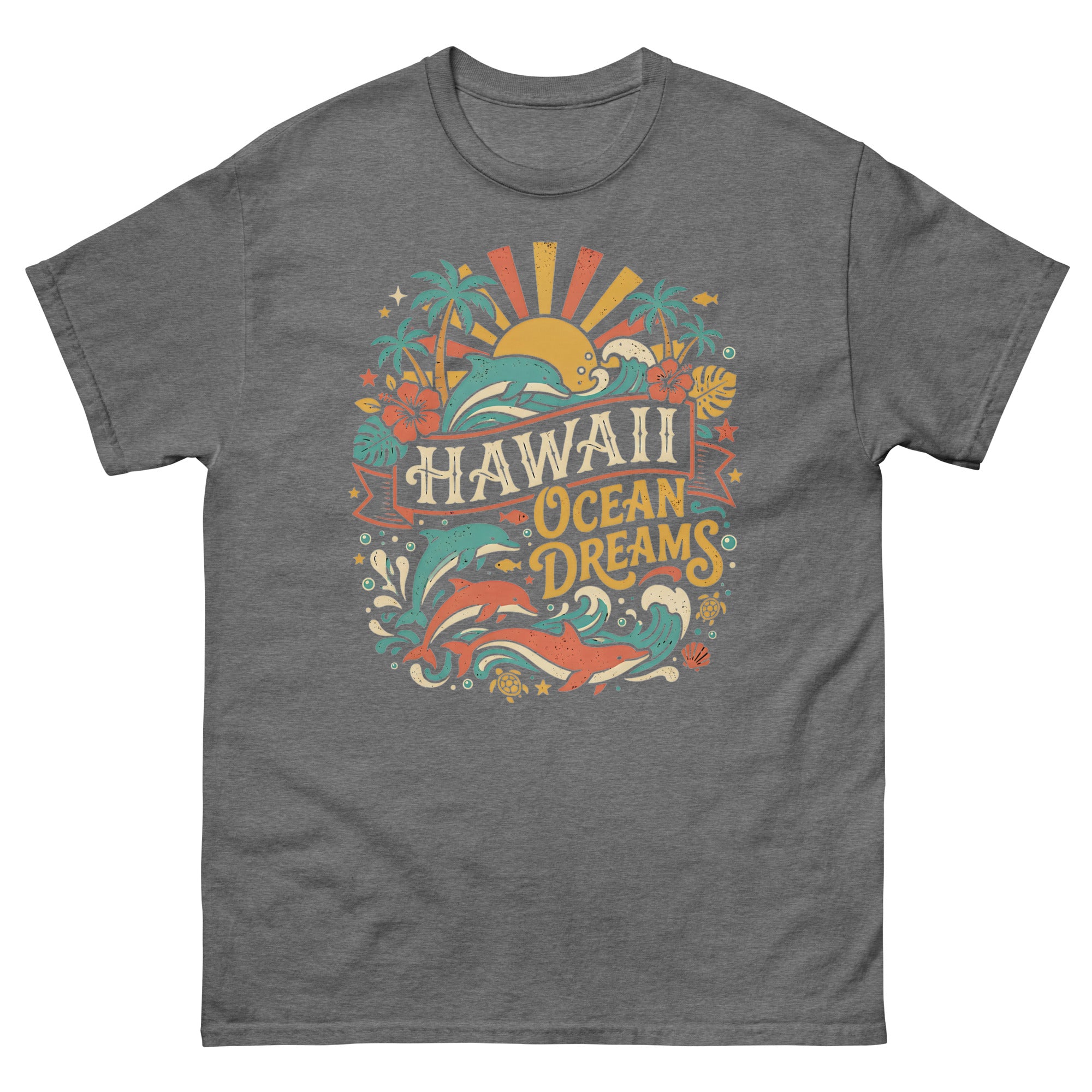 Aloha State Dolphins v3 Hawaiian t-shirt design on a Graphite Heather unisex tee