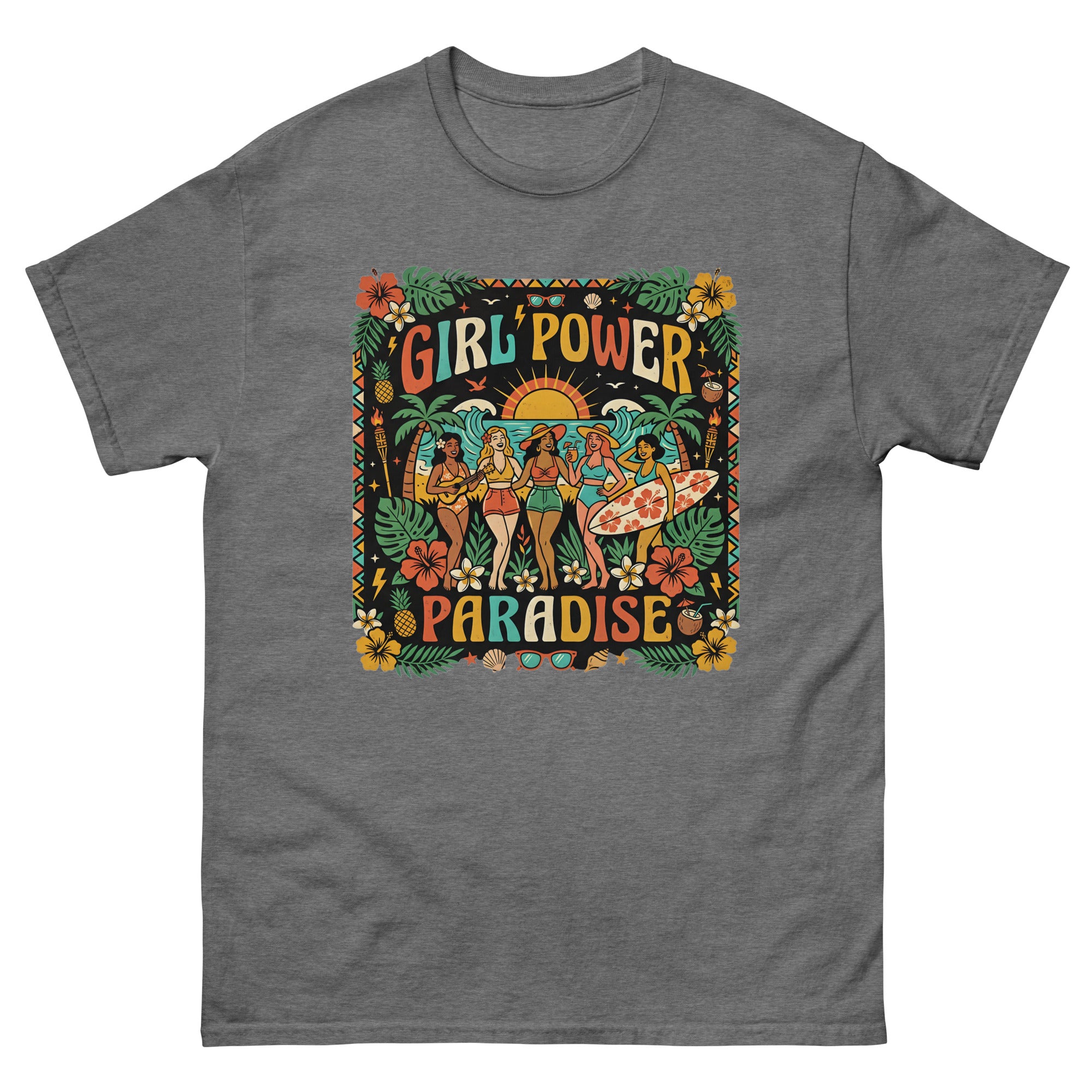 Aloha Sisters Hawaiian t-shirt design on a Graphite Heather unisex tee