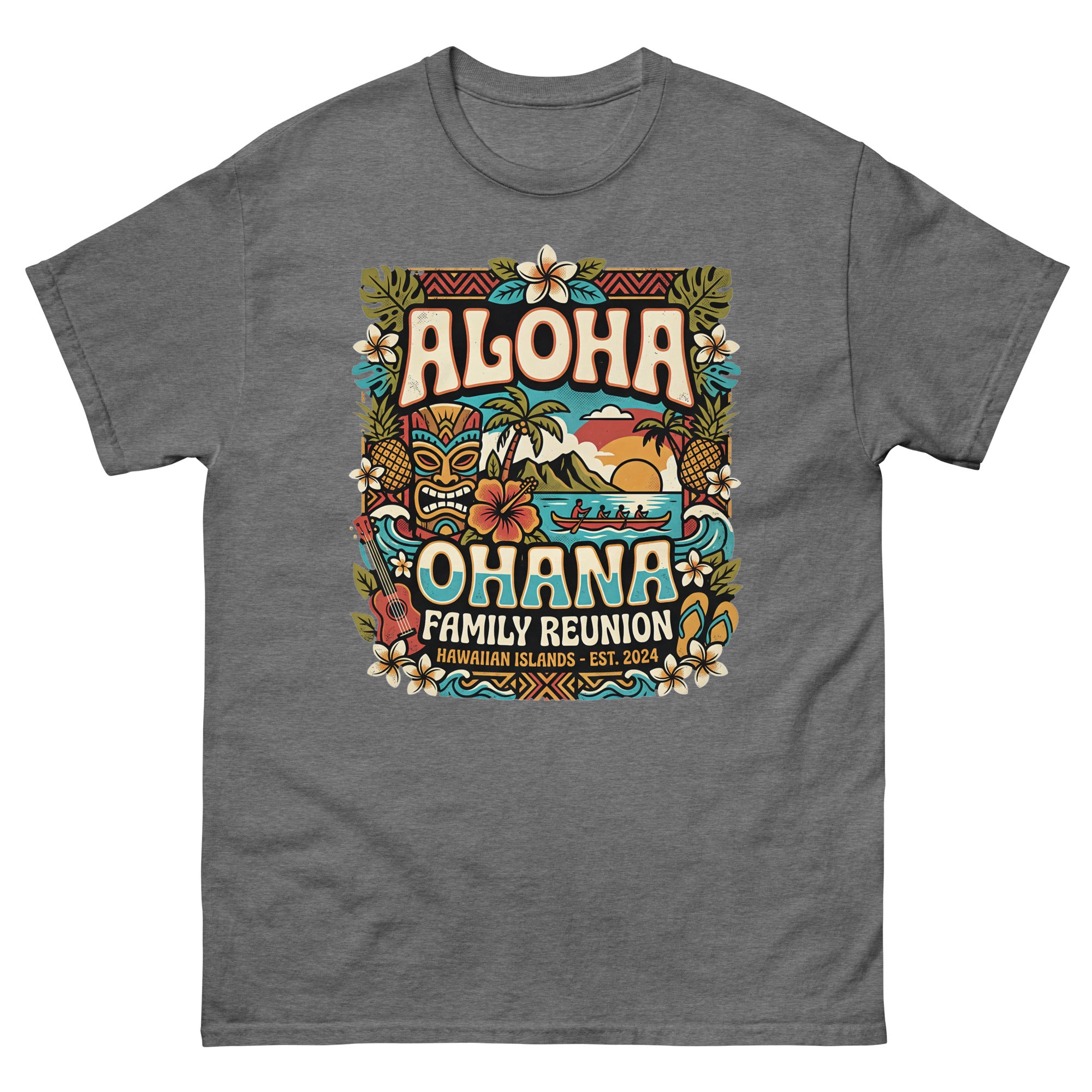 Ohana Family Reunion Gathering v4 Hawaiian t-shirt design on a Graphite Heather unisex tee