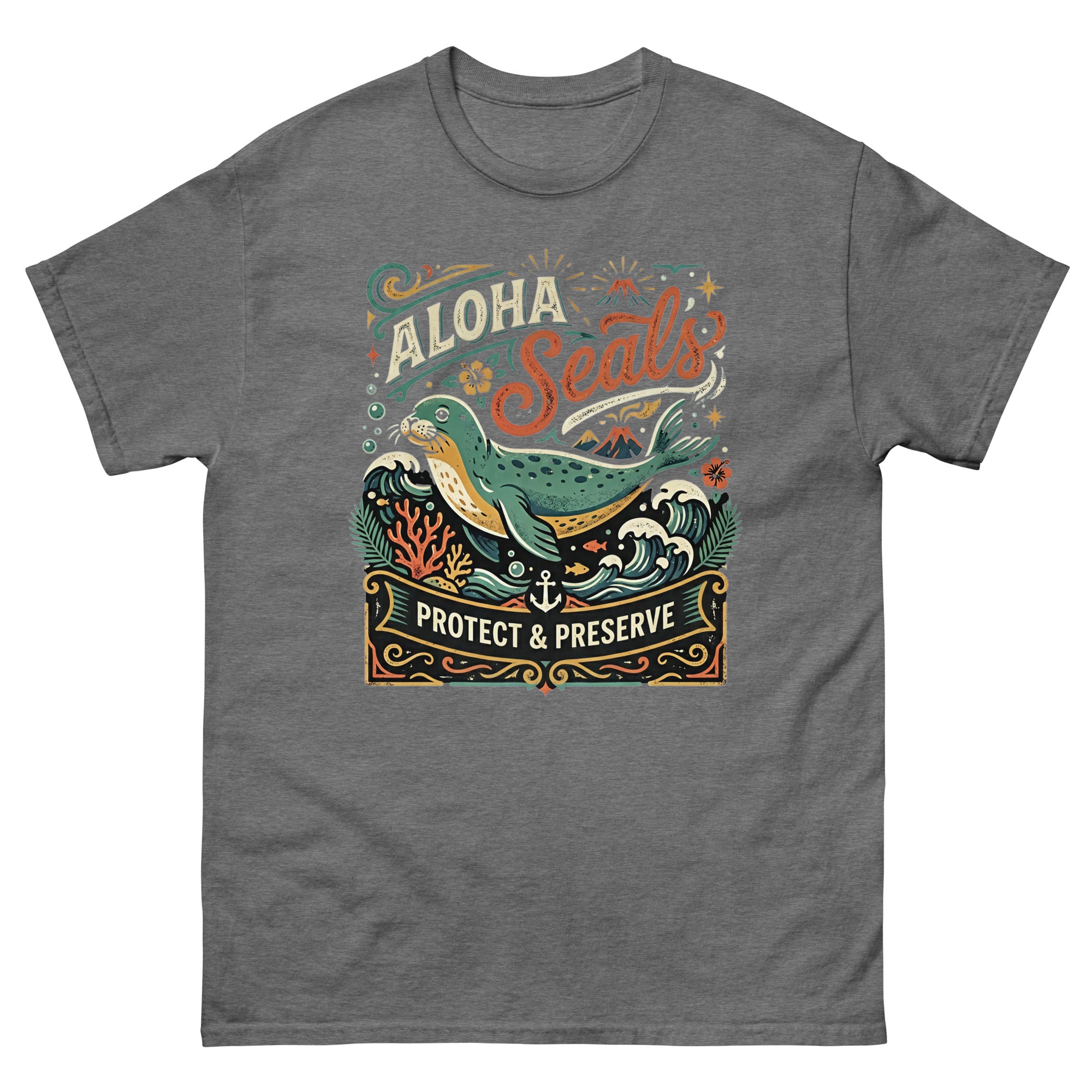 Aloha Seals Protect and Preserve Hawaiian t-shirt design on a Graphite Heather unisex tee