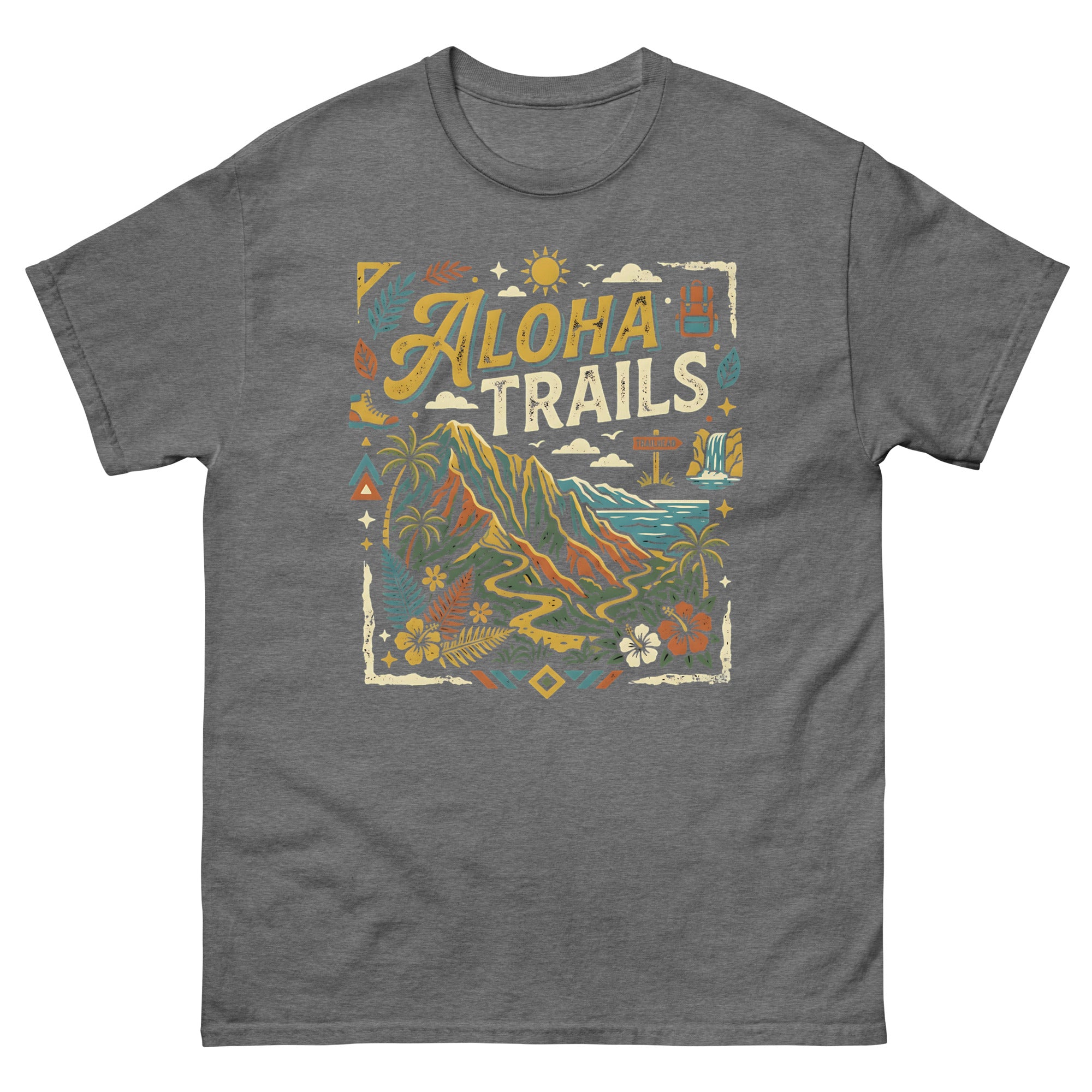 Aloha Trails v1 Hawaiian t-shirt design on a Graphite Heather unisex tee
