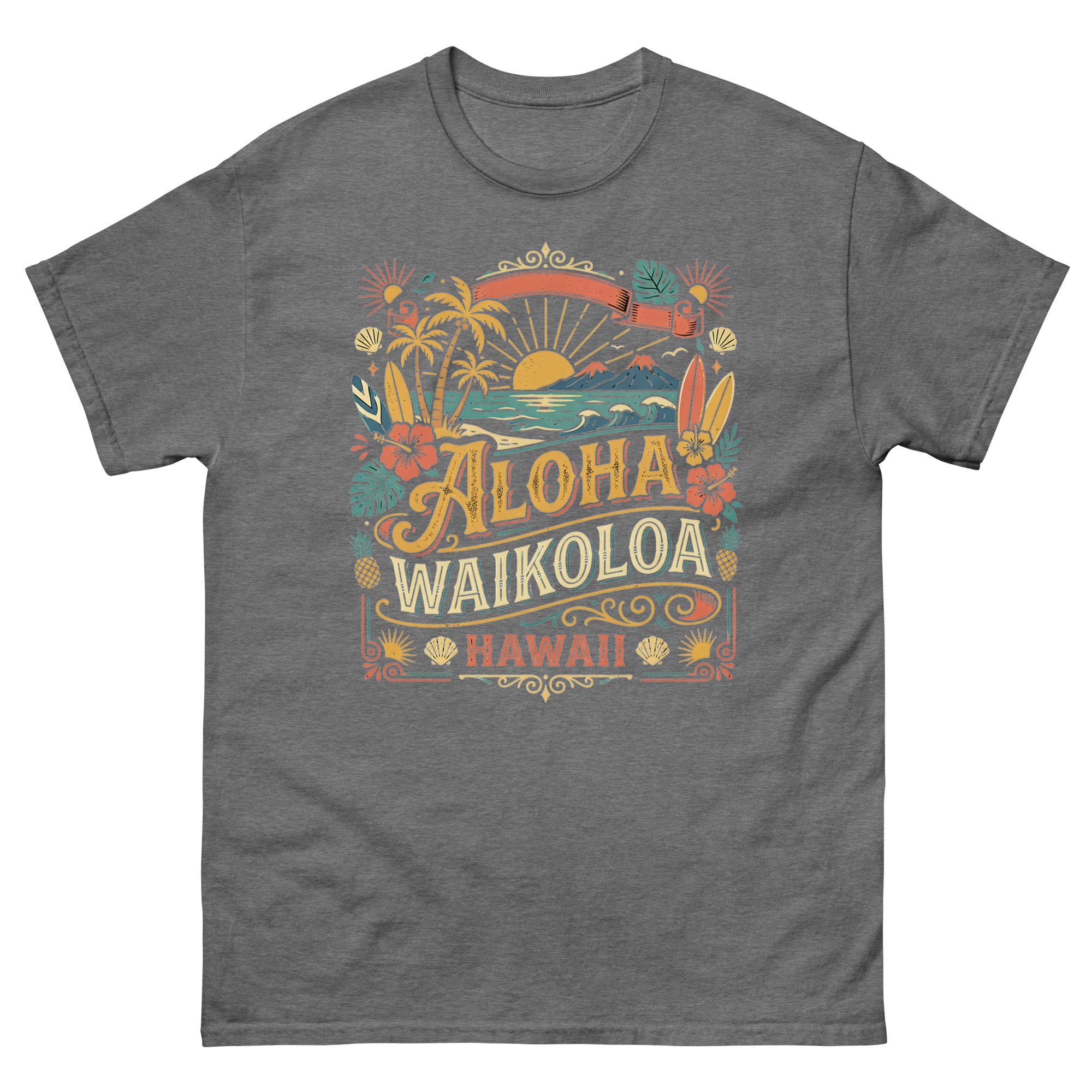 Aloha Waikoloa Hawaii Hawaiian t-shirt design on a Graphite Heather unisex tee
