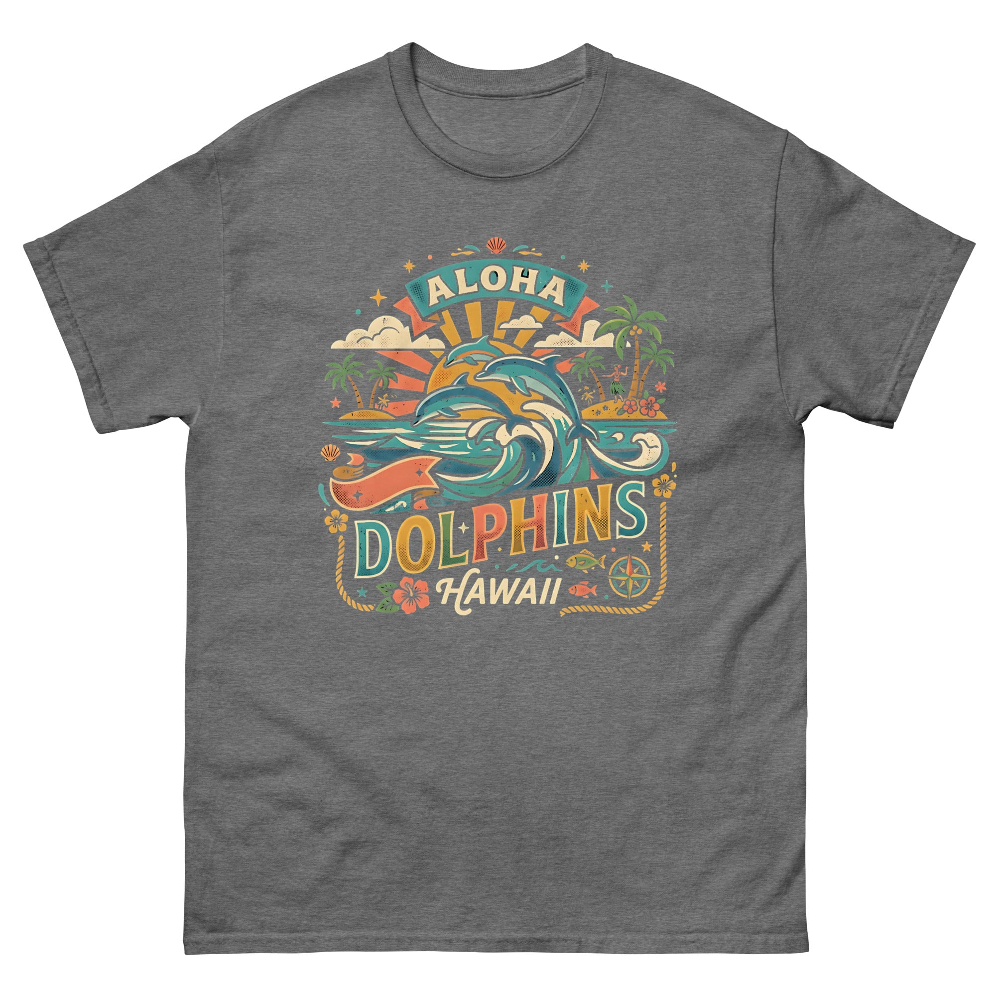 Aloha State Dolphins v4 Hawaiian t-shirt design on a Graphite Heather unisex tee
