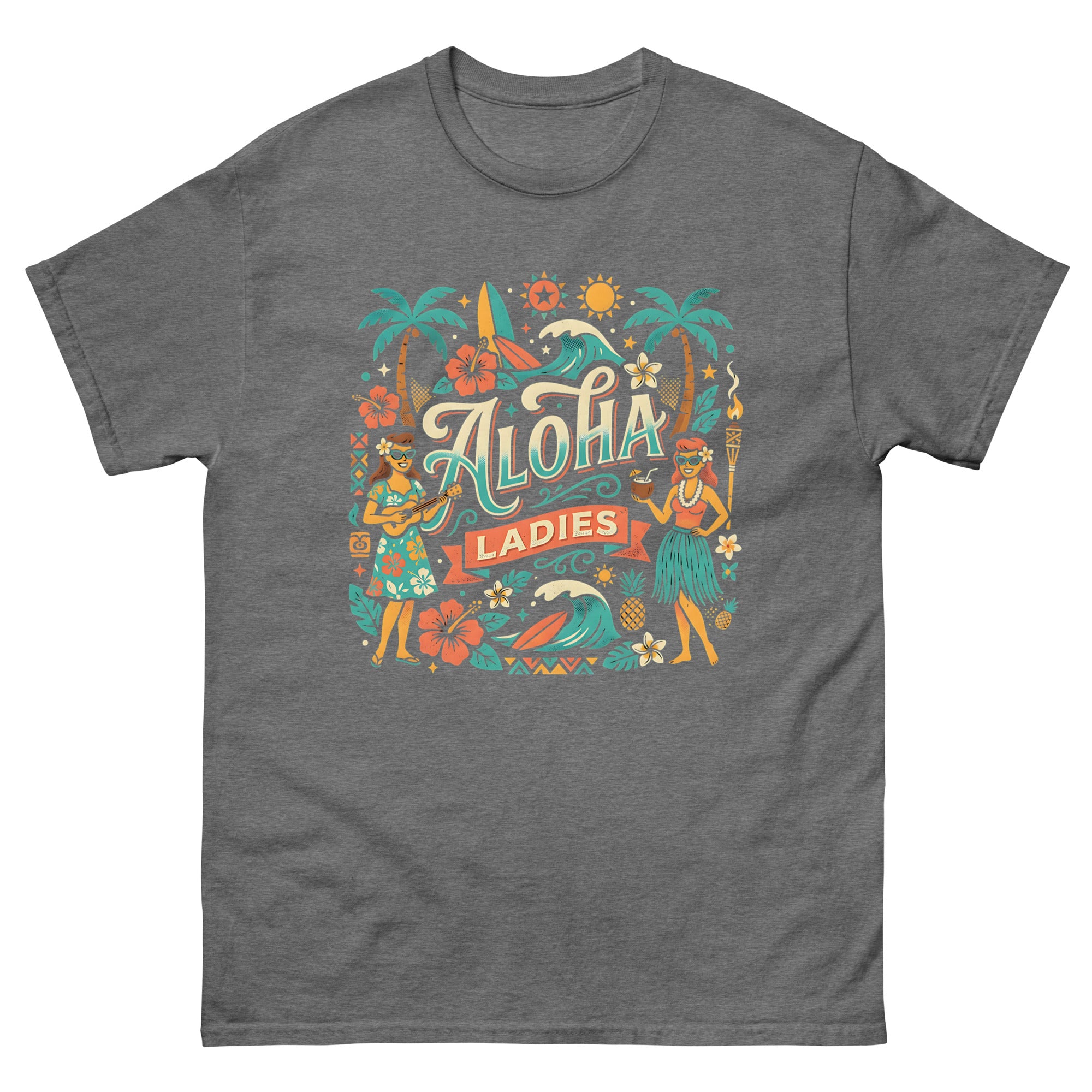 Aloha Sisters v3 Hawaiian t-shirt design on a Graphite Heather unisex tee