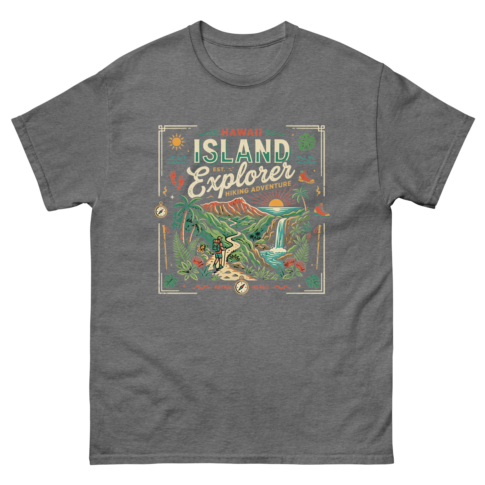 Aloha Trails v4 Hawaiian t-shirt design on a Graphite Heather unisex tee