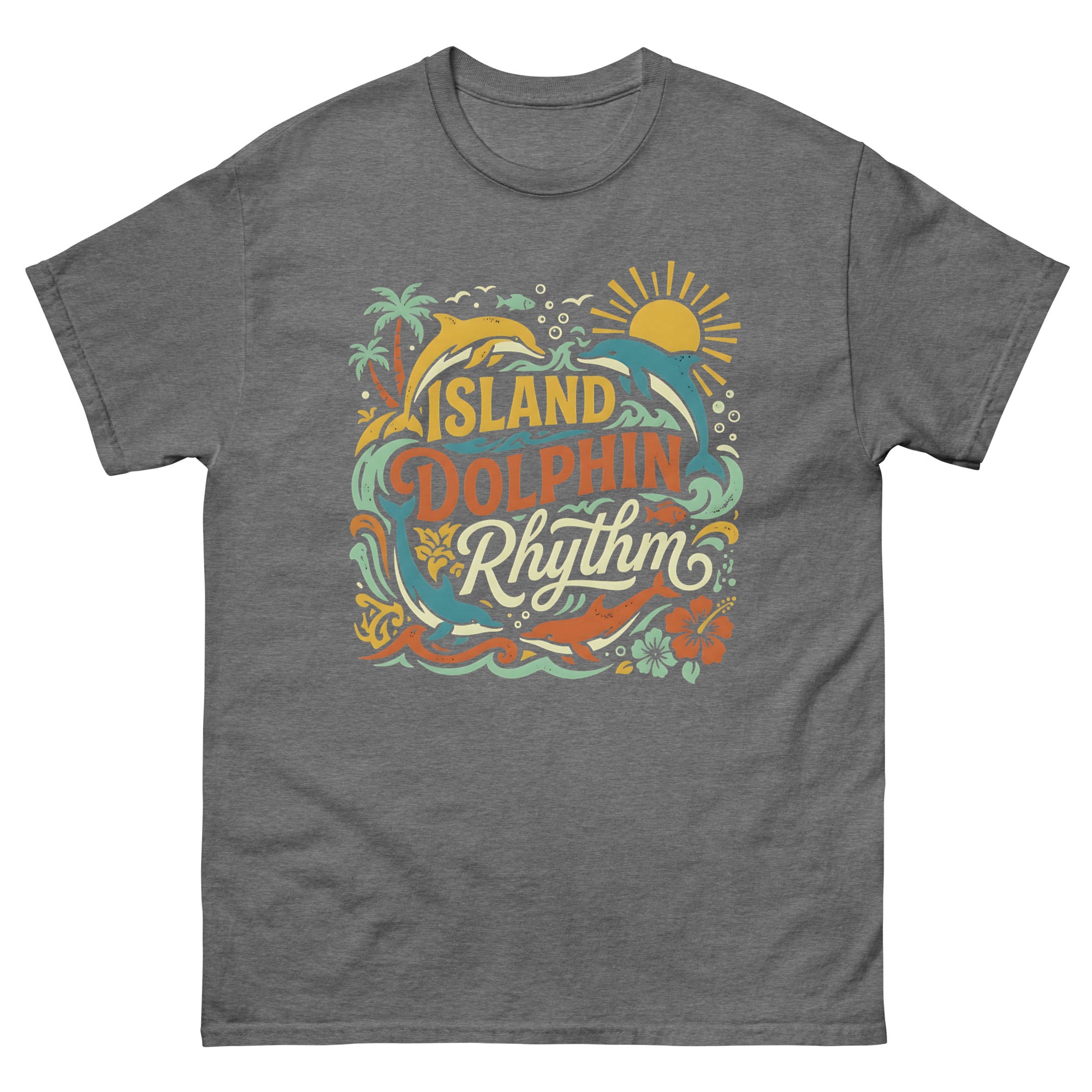 Aloha State Dolphins v2 Hawaiian t-shirt design on a Graphite Heather unisex tee