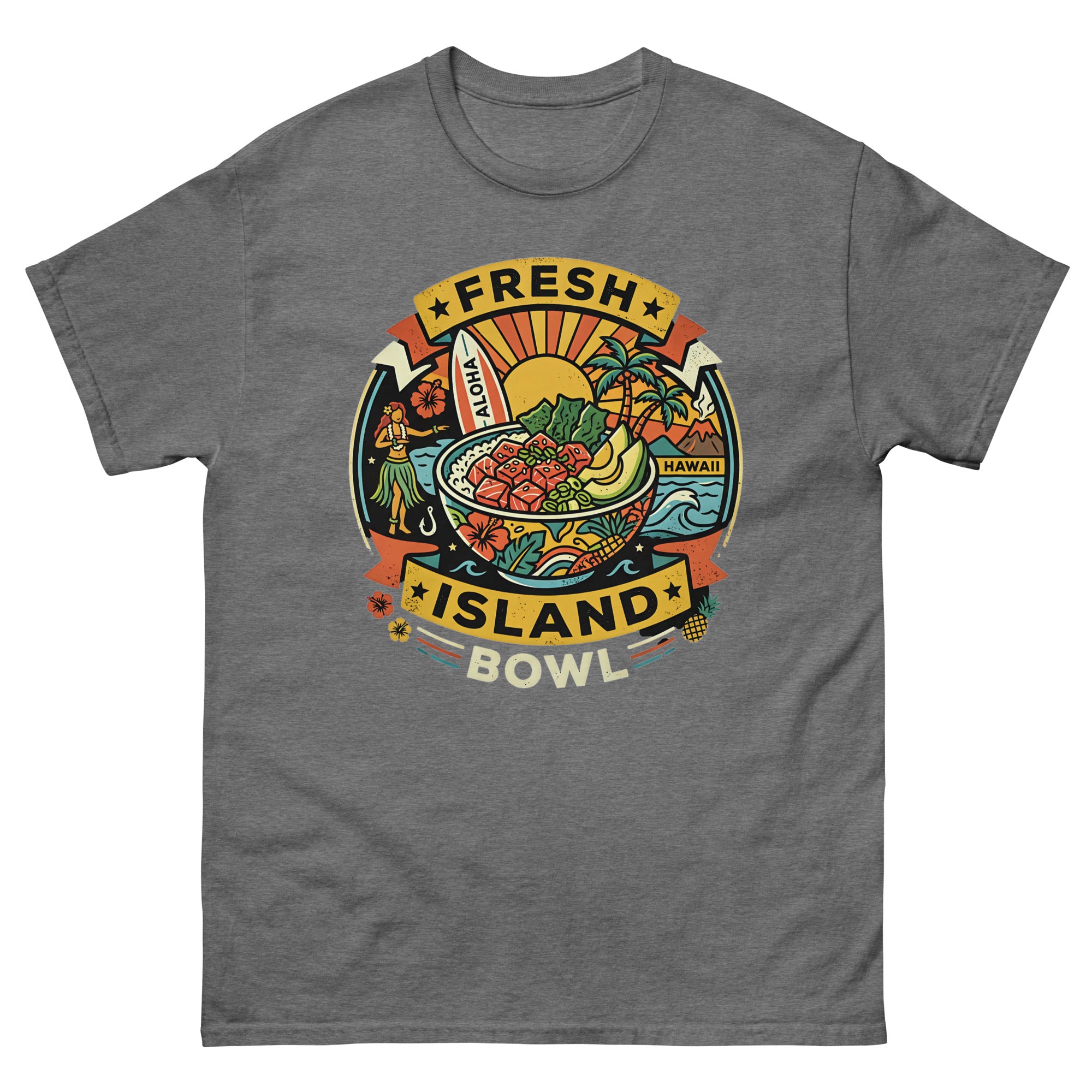 Fresh Island Bowl Hawaii Hawaiian t-shirt design on a Graphite Heather unisex tee