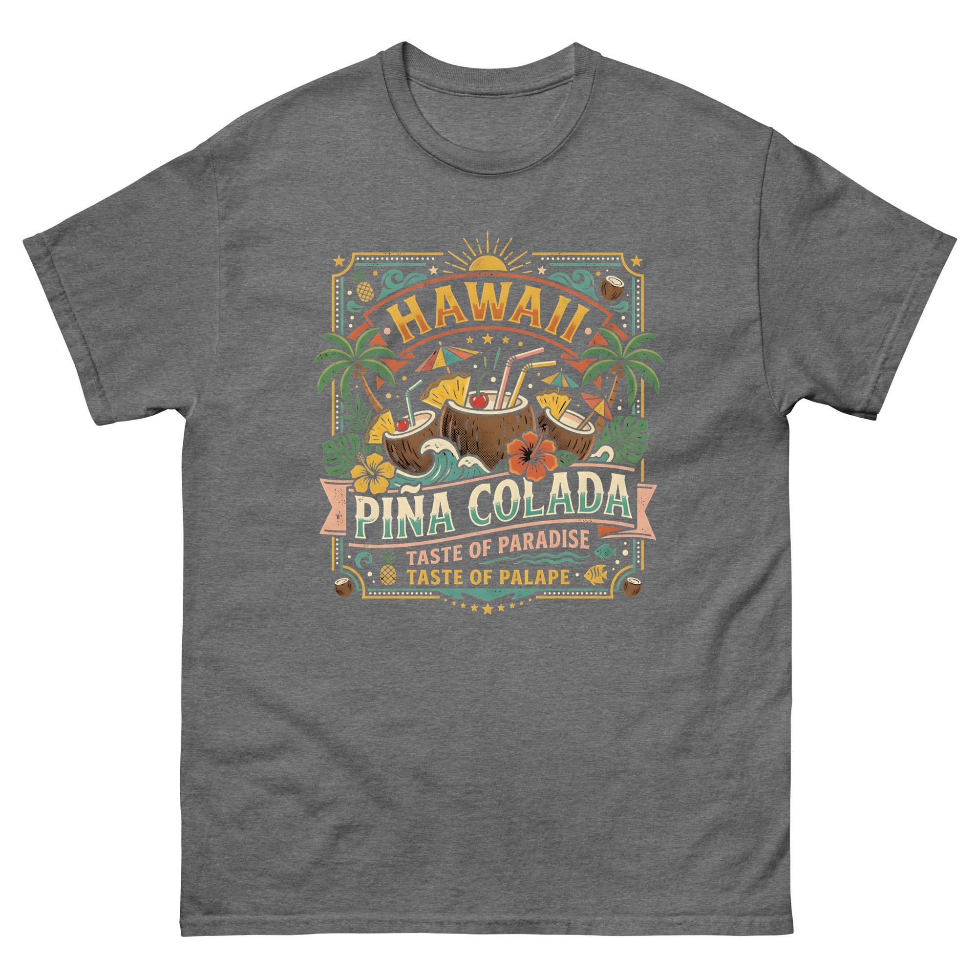 Hawaii Pina Coladas Aloha in a Glass v2 Hawaiian t-shirt design on a Graphite Heather unisex tee