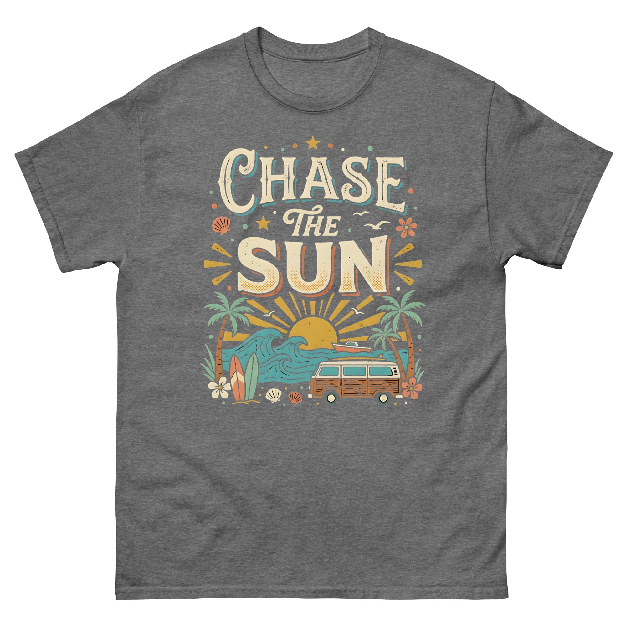 Chasing the Sun v4 Hawaiian t-shirt design on a Graphite Heather unisex tee