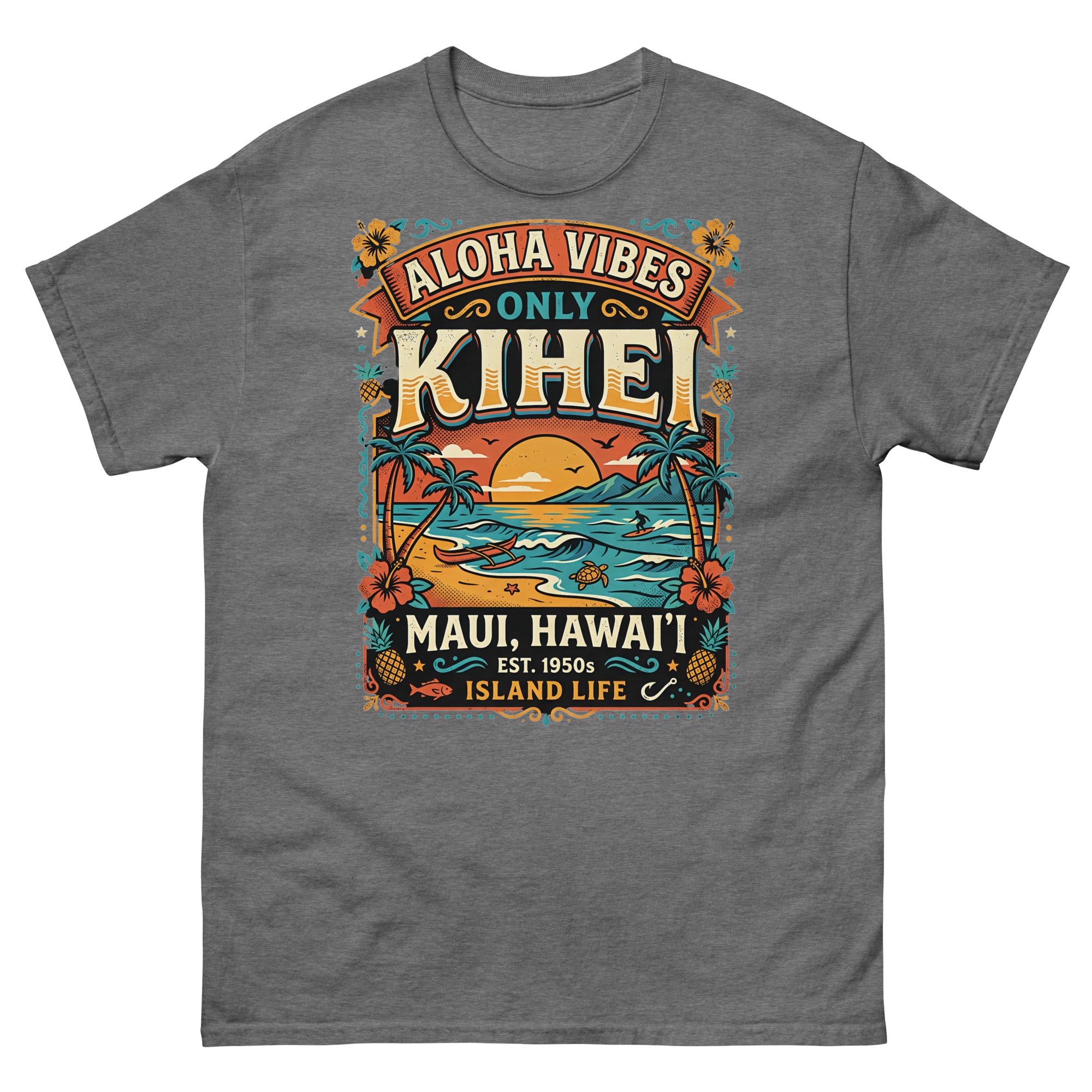 Aloha Vibes Only Kihei Hawaiian t-shirt design on a Graphite Heather unisex tee