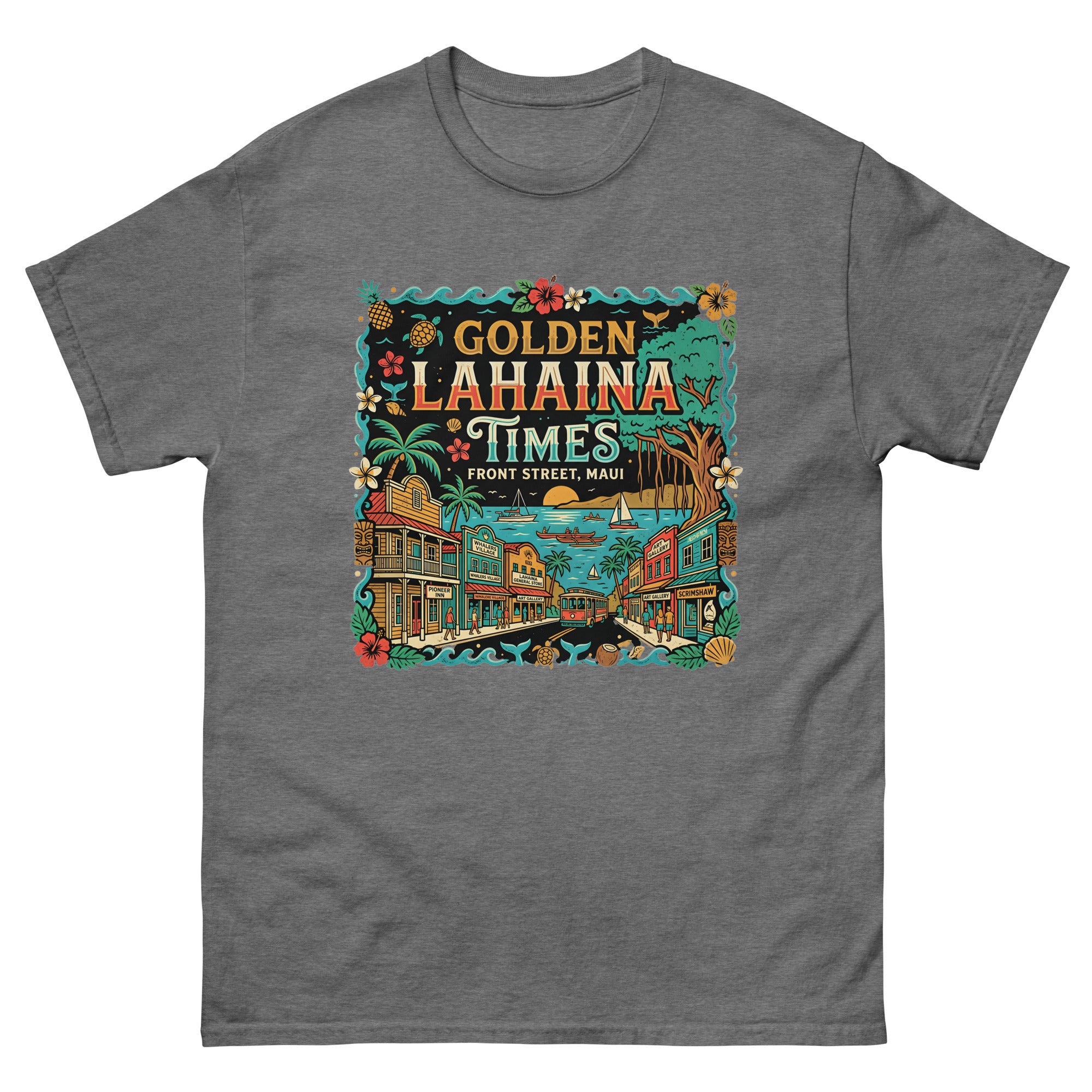 Golden Lahaina Times Front Street Hawaiian t-shirt design on a Graphite Heather unisex tee