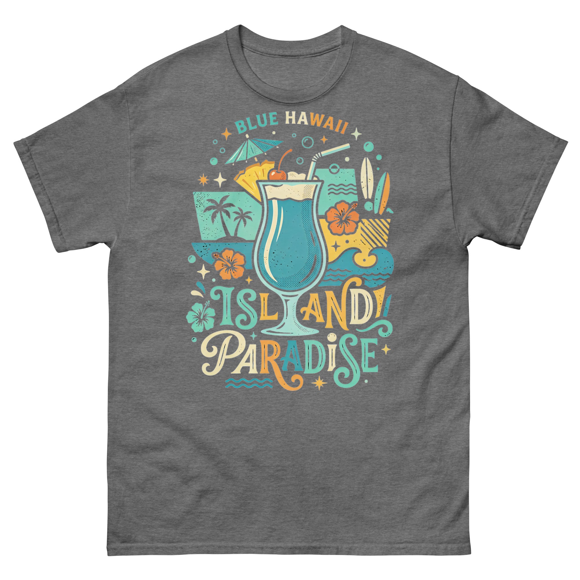 Blue Hawaii Island Paradise v1 Hawaiian t-shirt design on a Graphite Heather unisex tee