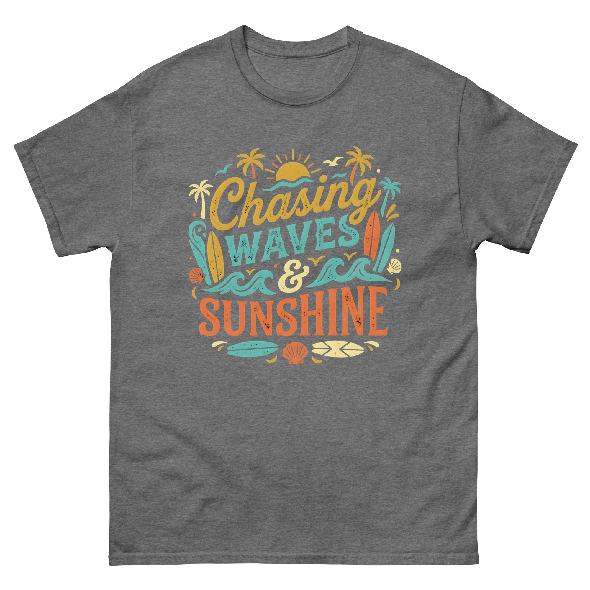 Chasing the Sun v3 Hawaiian t-shirt design on a Graphite Heather unisex tee