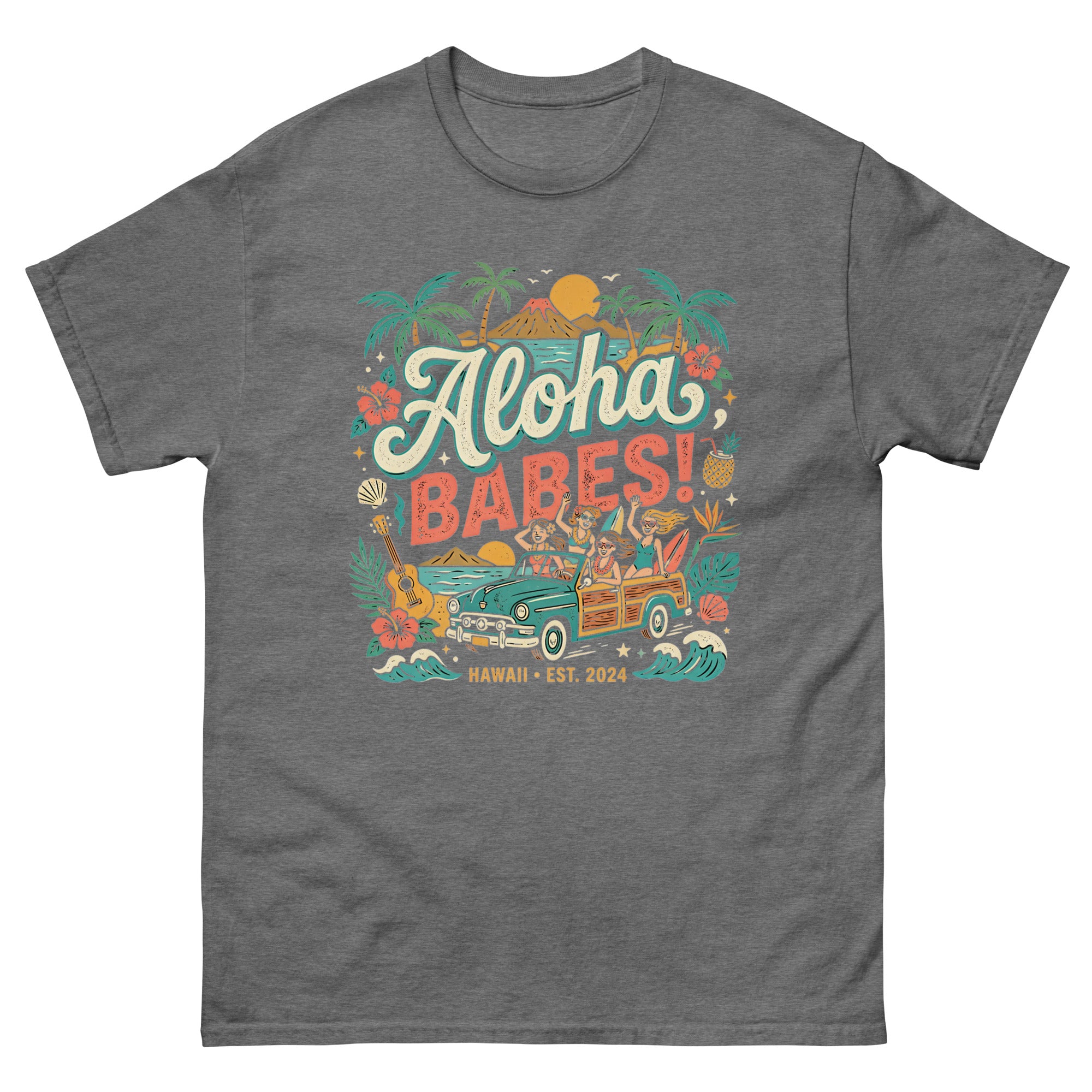 Aloha Sisters v4 Hawaiian t-shirt design on a Graphite Heather unisex tee