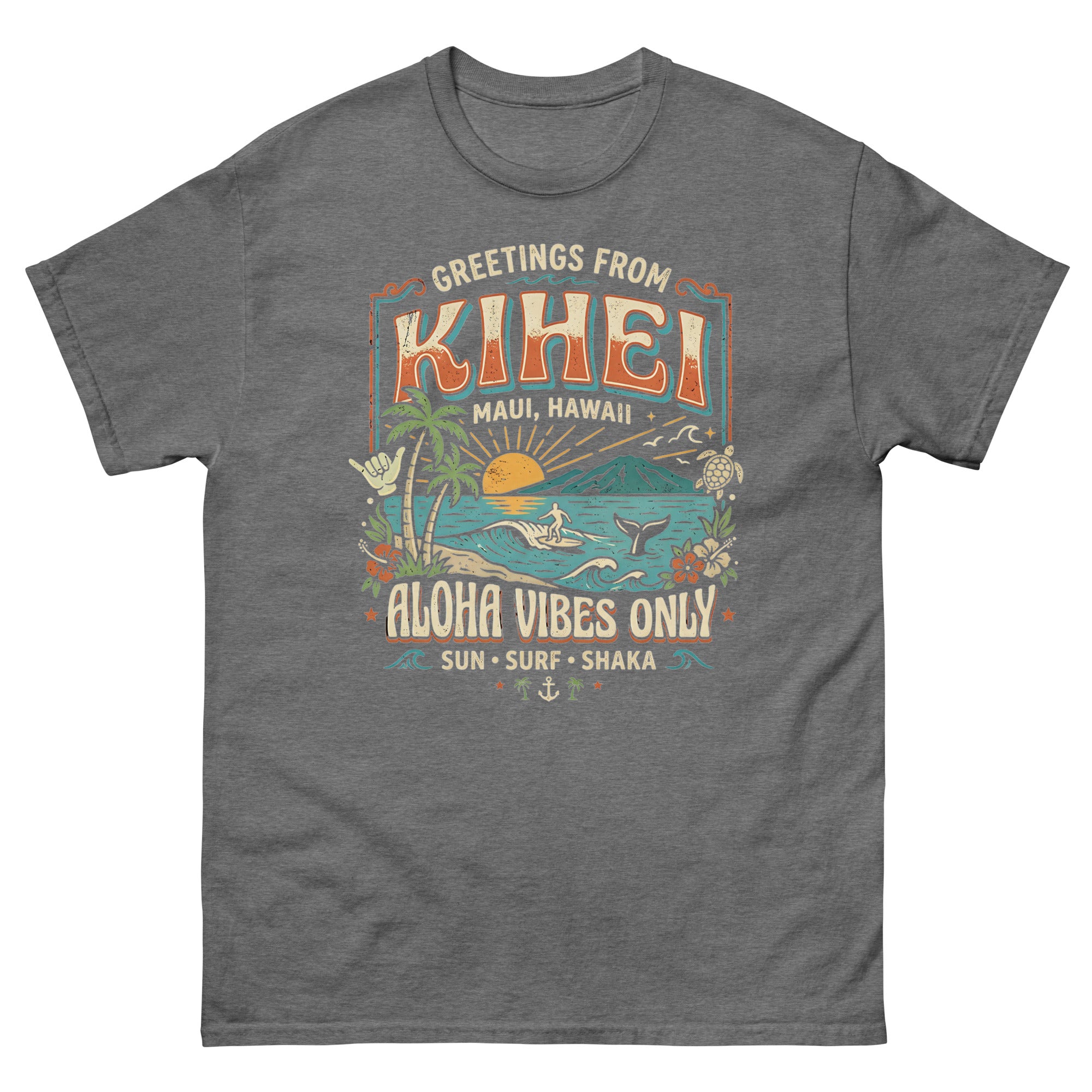 Greetings from Kihei Hawaiian t-shirt design on a Graphite Heather unisex tee